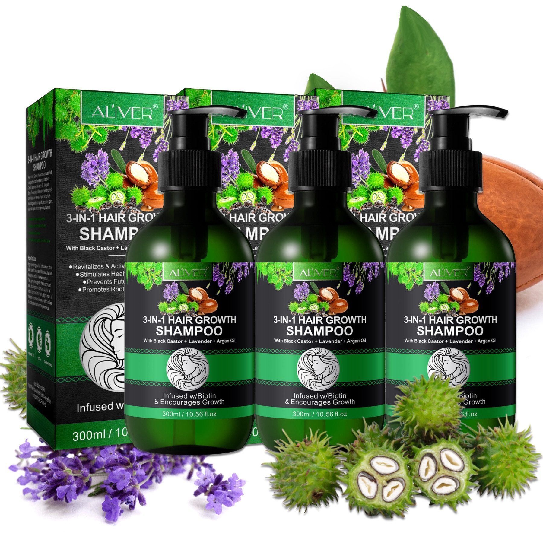 ALIVER Haarshampoo Kopfhaut Pflege Haarwachstum mit Rizinusöl Lavendelöl Arganöl Vegan, 3-tlg., Vegan, Shampoo, Pflegend