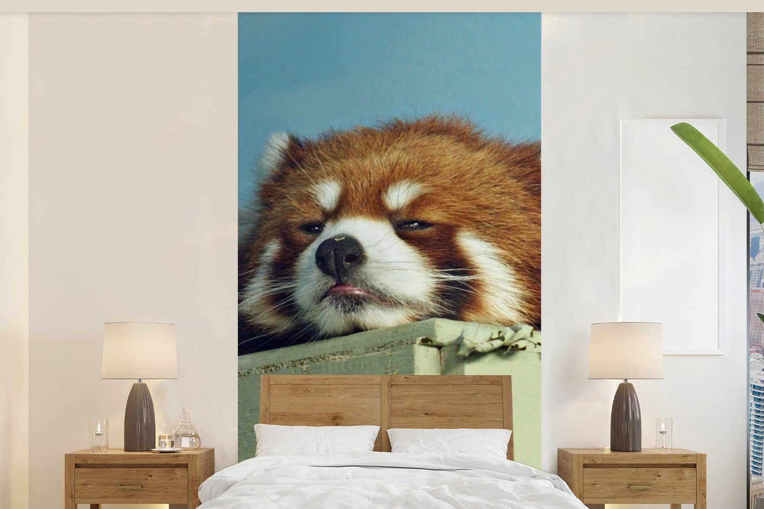 MuchoWow Fototapete Panda - Holz - Rot, Matt, bedruckt, (2 St), Vliestapete für Wohnzimmer Schlafzimmer Küche, Fototapete