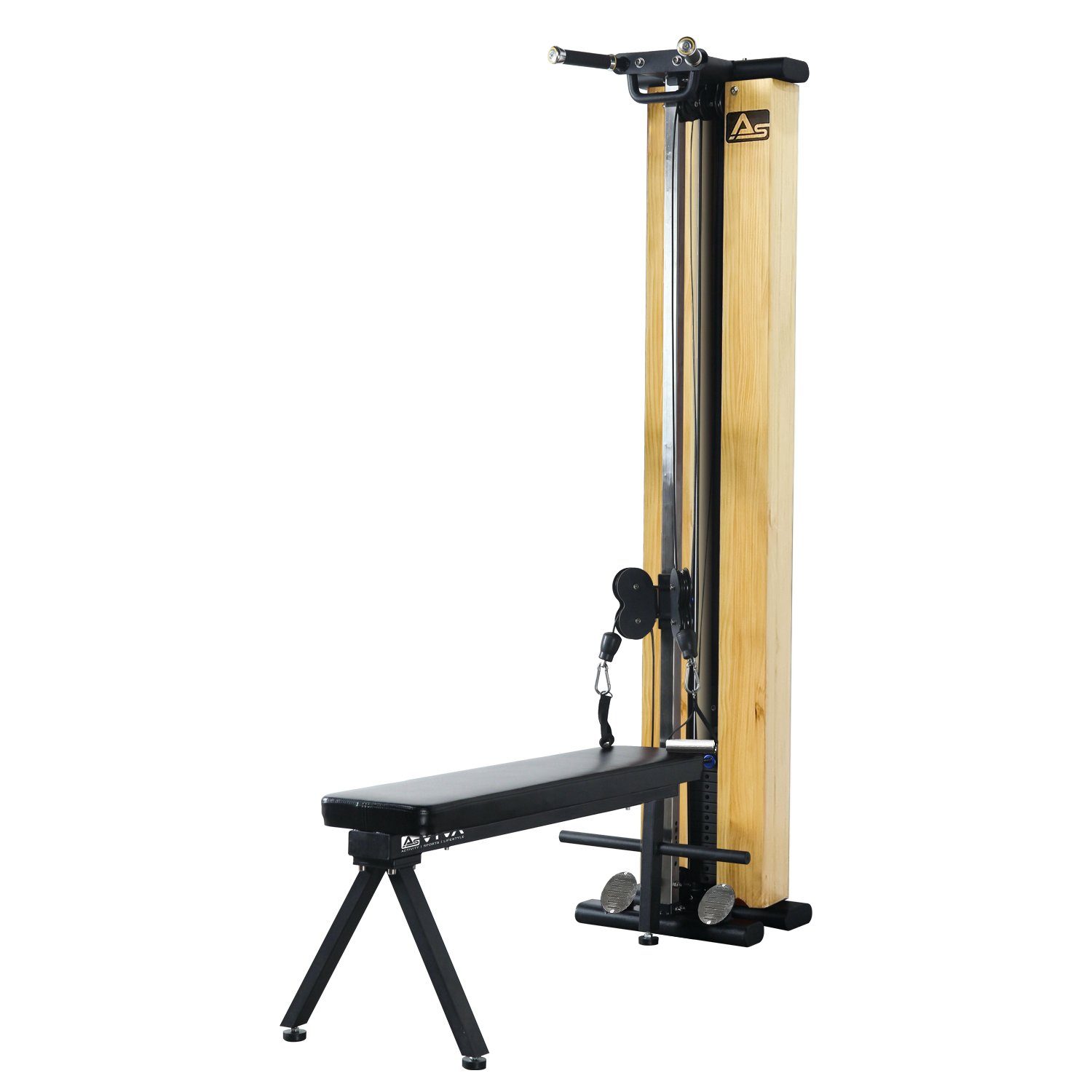 AsVIVA Kraftstation MG7 Kabelzugstation für Zuhause mit 101 kg Gewichten, 22 Gewichtsblöcke (Inklusive zwei Einhandgriffe und zwei Trizepsseile), Klimmzugstange & Hantelbank, Seilzug verstellbar