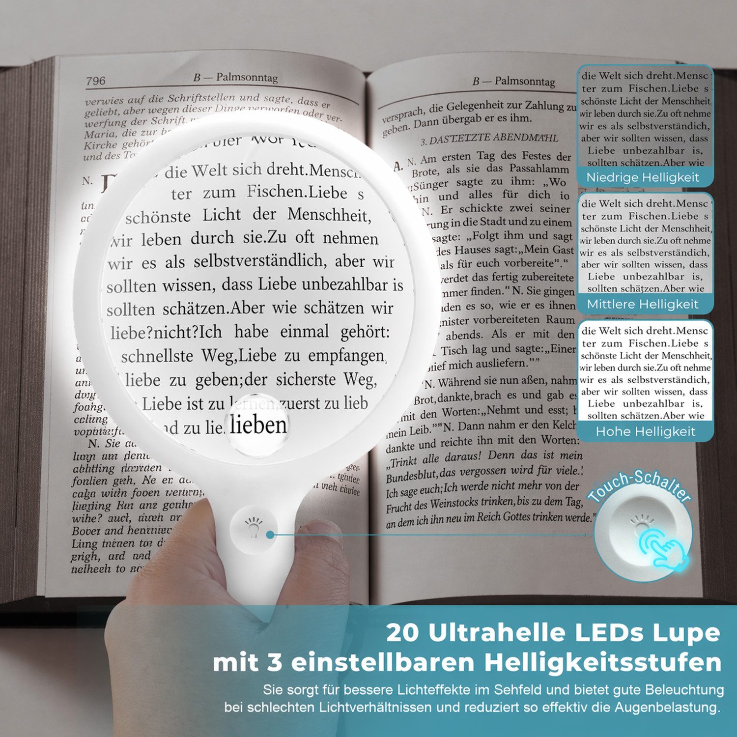 MOPUEA Handlupe Lupe 30/60 fach 110mm Große LED-HandLupe Leselupe mit Licht 3 Modi, 1200mAh Akku erweitertes Sichtfeld, Lesehilfe mit Griff, 1-tlg., Juweliere,  – Bild 5 von 5