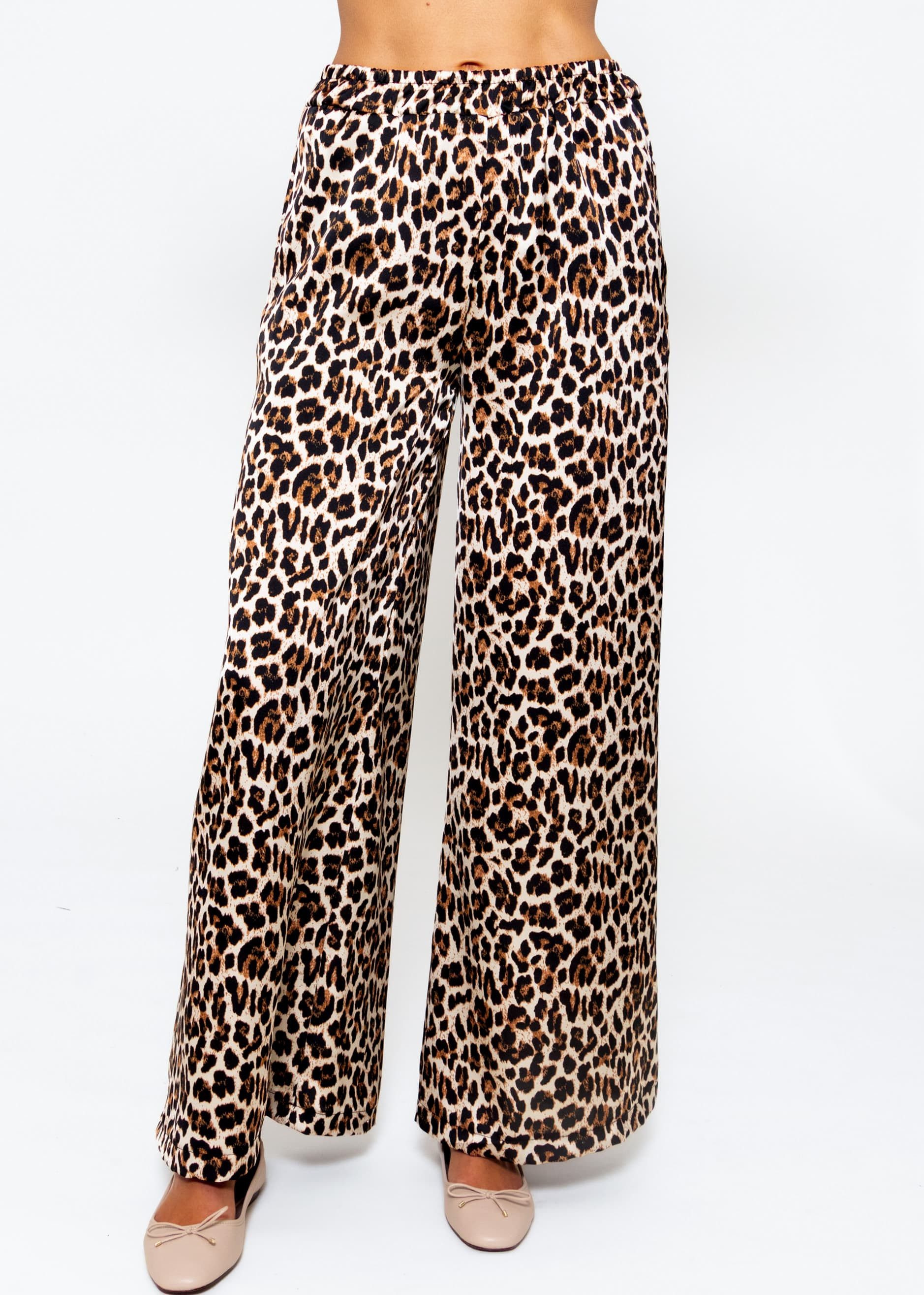 SASSYCLASSY Stoffhose Satin Leo-Print Hose ige weite Hose mit elatischem Bund und seitlichen Eingriffstaschen