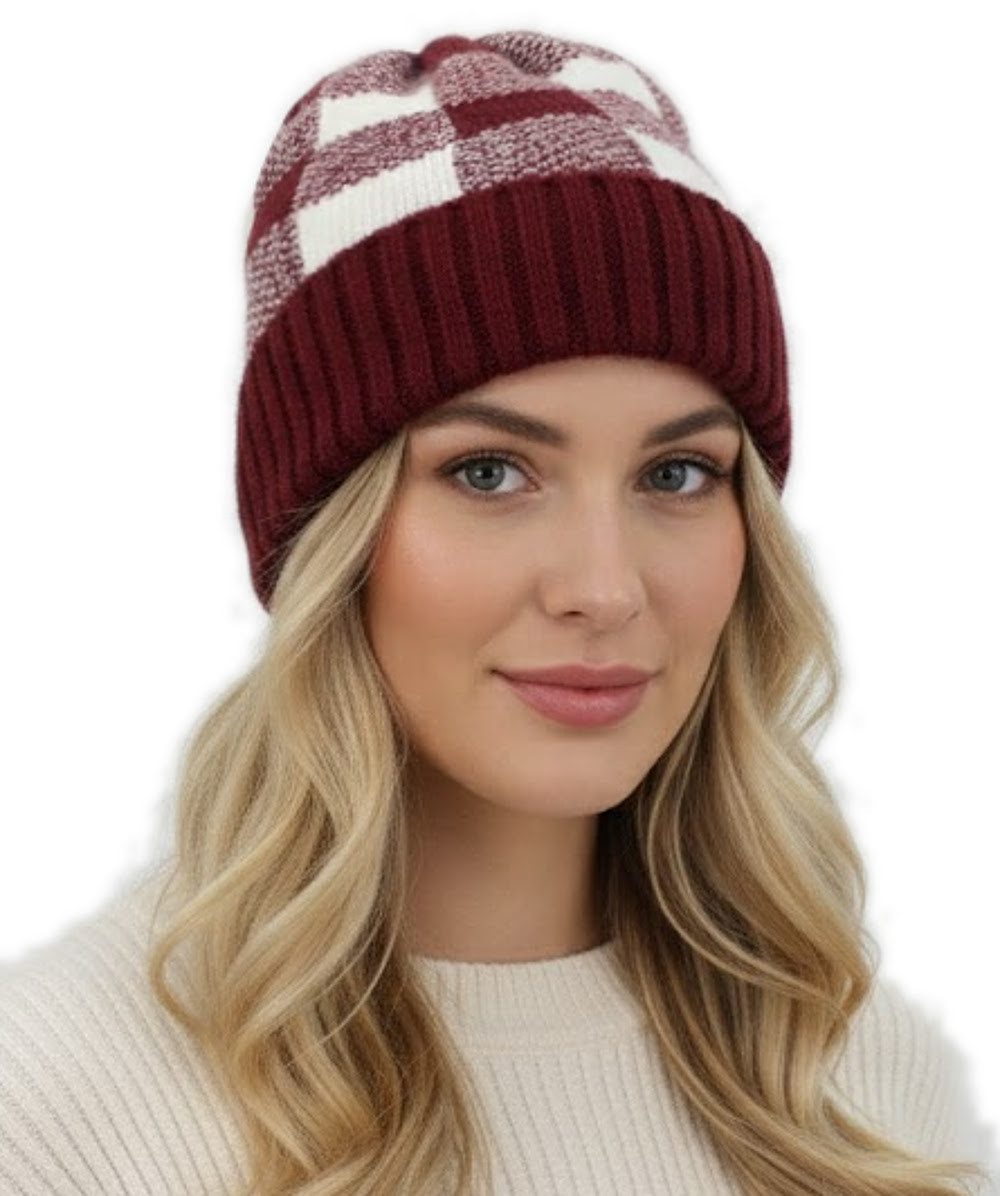 dy_mode Strickmütze Unisex Strick-Beanie Karo Muster Herren Strickmütze Damen mit breitem Umschlag, Bunt