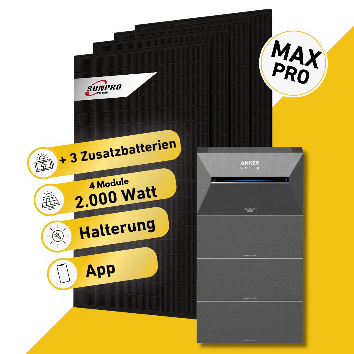 Balkonkraftwerk MAX Pro 2000 Watt Solaranlage mit Speicher Komplettset Bifazial