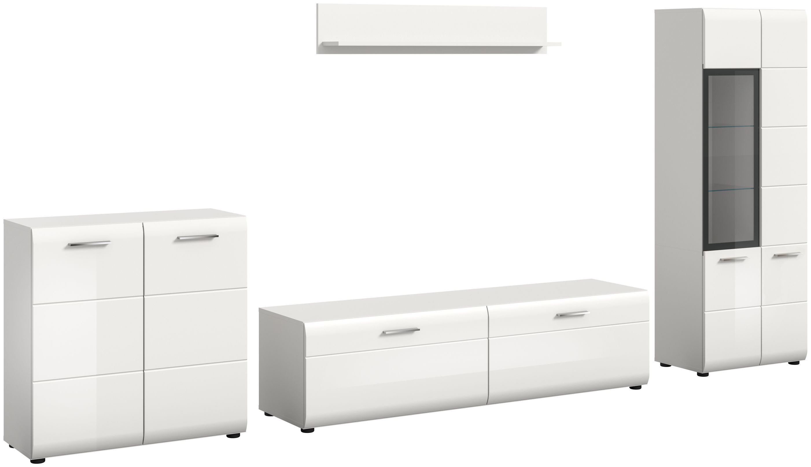 xonox.home Wohnwand, (4-tlg. Vitrine, Lowboard, Wandboard, Kommode), in weiß hochglanz tiefzieh/weiß Nachbildung B/H/T: 315 x 160 x 41 cm