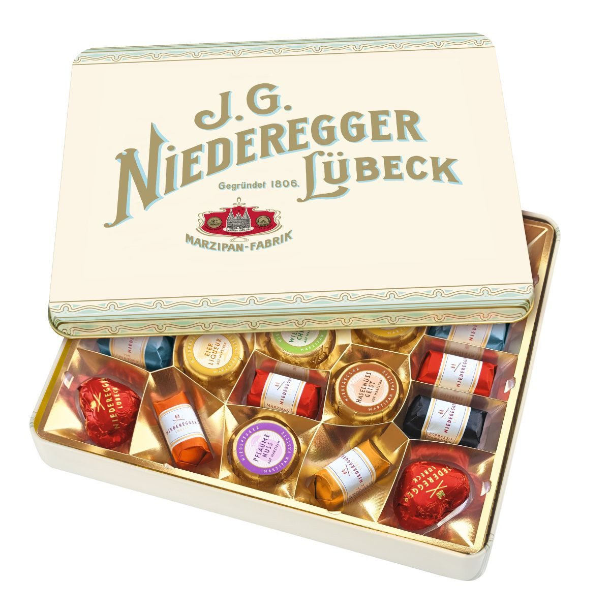 Niederegger Süßigkeit Niederegger Nostalgiedose Marzipan-Pralinen mit Schokolade, 298 g