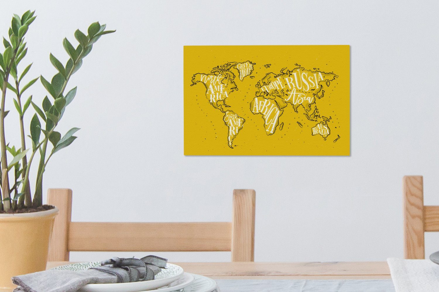 Aufhängefertig, Wanddeko, OneMillionCanvasses® St), Wandbild Einfach, 30x20 - Leinwandbild Leinwandbilder, - cm Weiß Gelb - Weltkarte (1