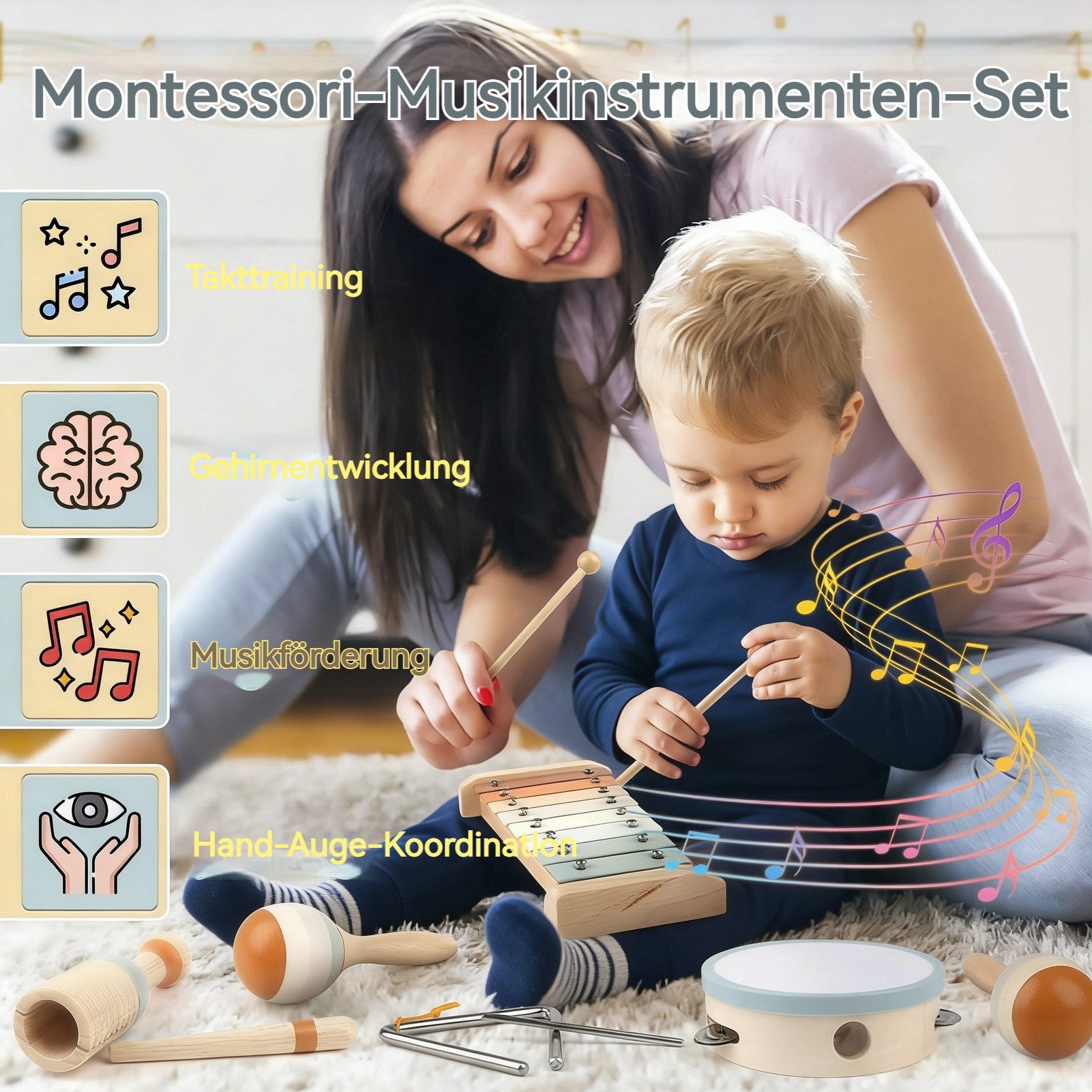 Zaewry Spielzeug-Musikinstrument Musikinstrumente für Kinder Kinderspielzeug ab 3 Jahre Holzspielzeug, (6 tlg), Instrumente Musikinstrumente Montessori Spielzeug