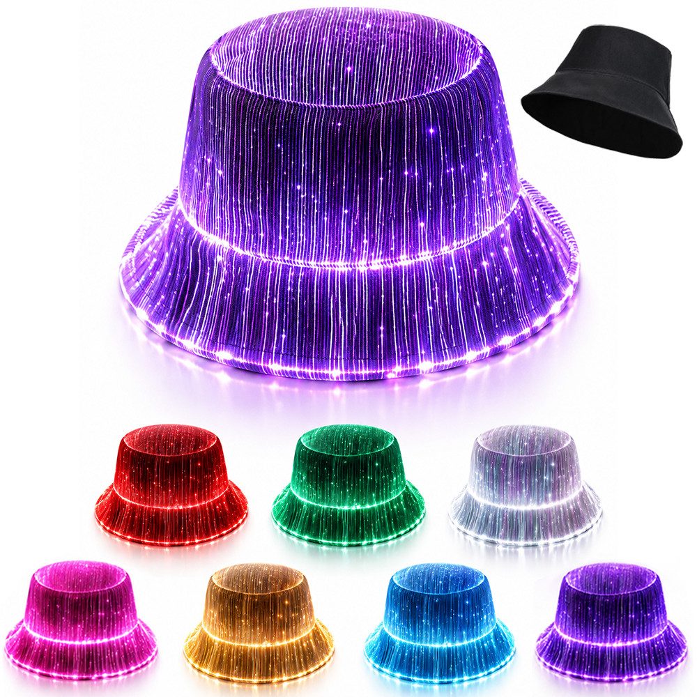 PRIISF Verkleidungsmaske LED Lichtmütze Neon Disko Farbblinkende Fischerhut Blitz Leuchtkappe, (LED-Hut verstellbar beleuchtet, 7 Farben für Damen und Herren, mit blinkender LED-Krempe lustig beleuchtet), Kostüm Mütze für Weihnachten Halloween Geburtstag Hochzeit Festival