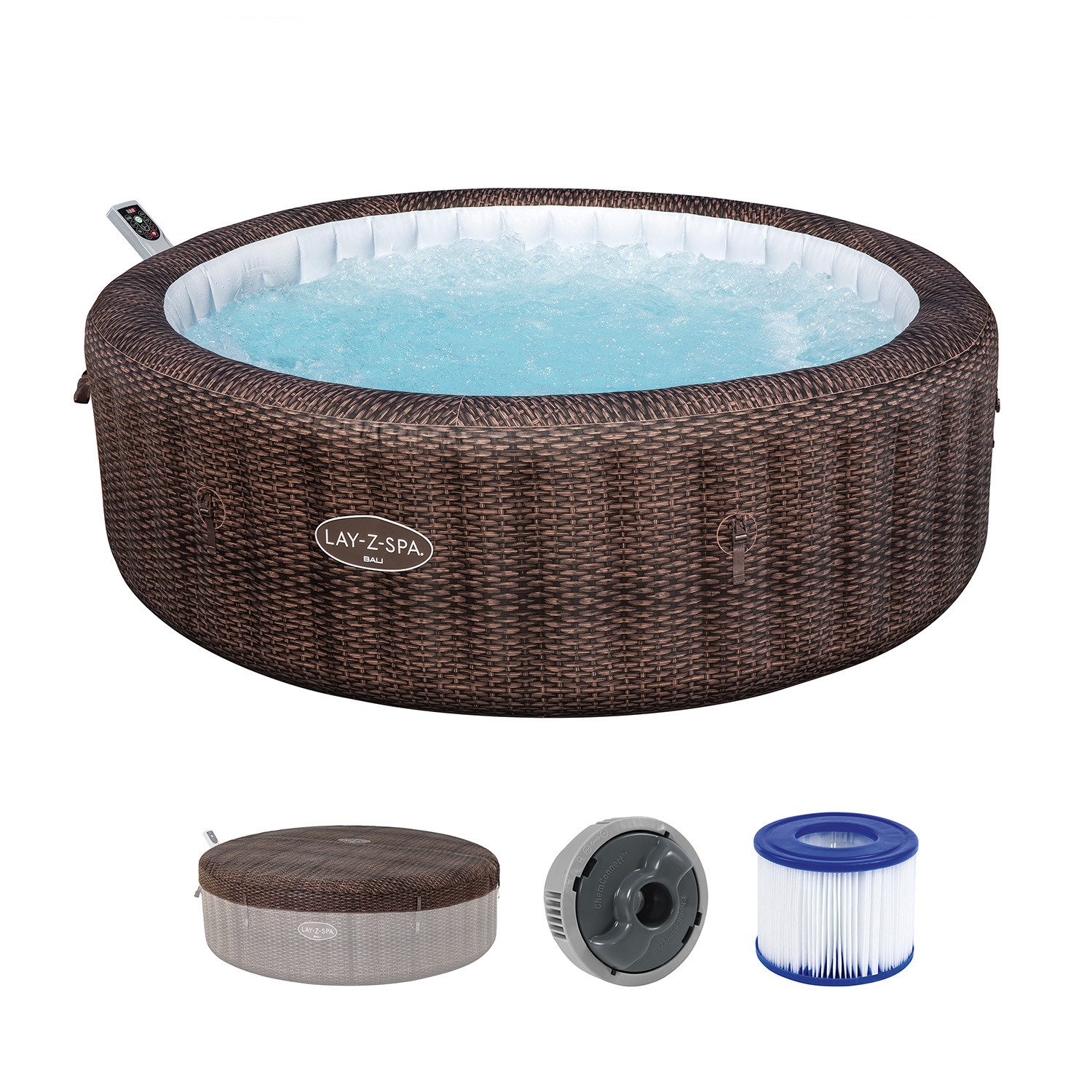 Bestway Whirlpool LAY-Z-SPA Bali AirJet, (Packung, mit App-Steuerung, Rattan-Optik (Schokobraun), Integrierte Energiespardämmung
