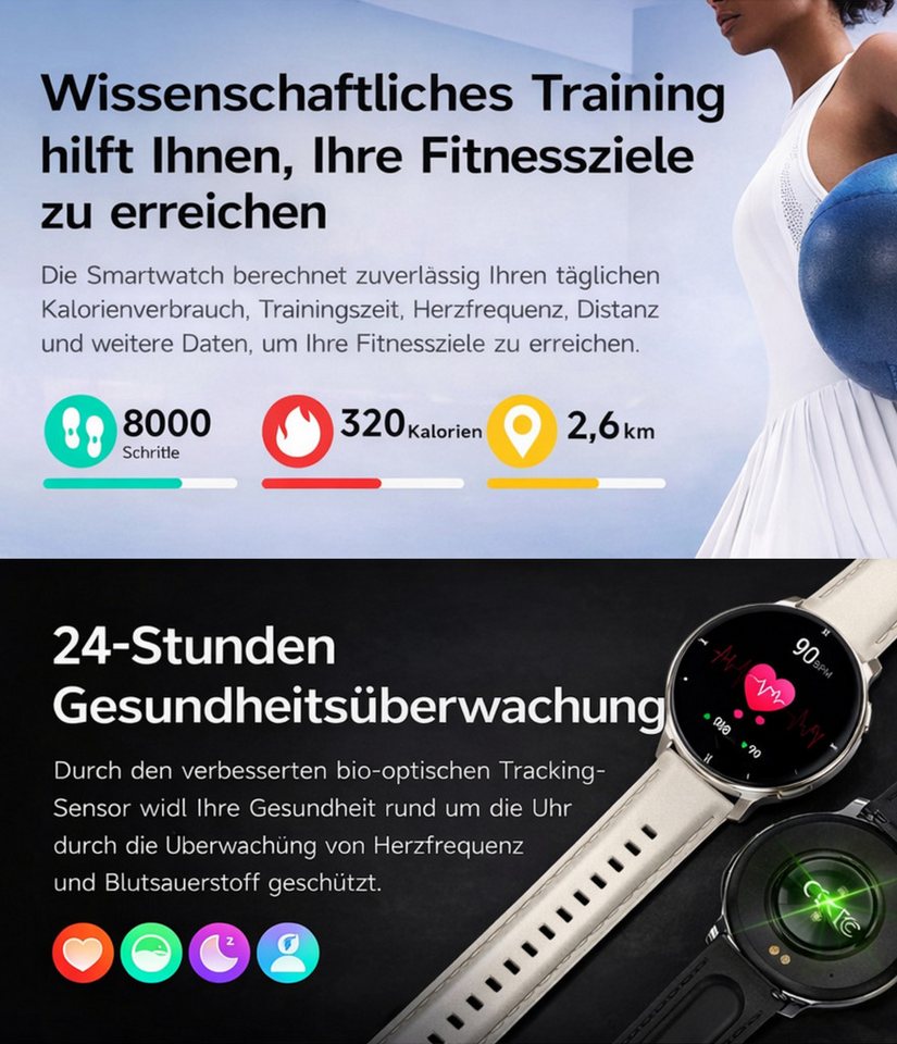 RUHE Smartwatch Uhr für Damen Fitness Tracker mit Telefonfunktion Klein Smartwatch (3,35 cm cm/1,32 Zoll, Android 5.1, iOS 8.2) Smartwatch, 1-tlg., Frauen Uhr Smart Watch, Minimalistisch, Elegant, AMOLED Bluetooth-Anruffunktion Schlafüberwachung Herzfrequ