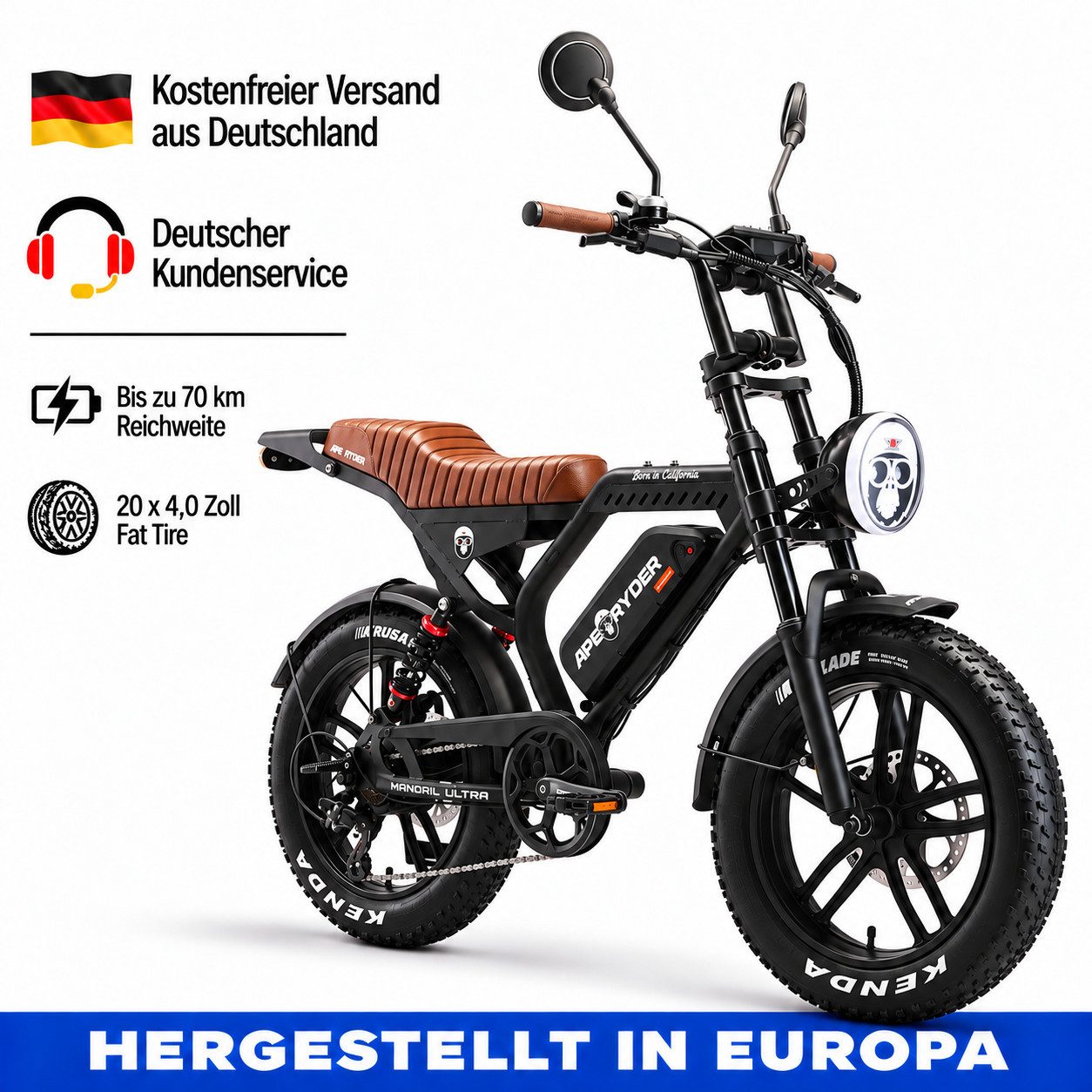 APE RYDER E-Bike Mountainbike 20 Zoll Fatbike 48V 15Ah Akku, bis 80 km, Shimano 7-Gang, hydraulisch, 7 Gang, Heckmotor, 720 Wh, (Packung)