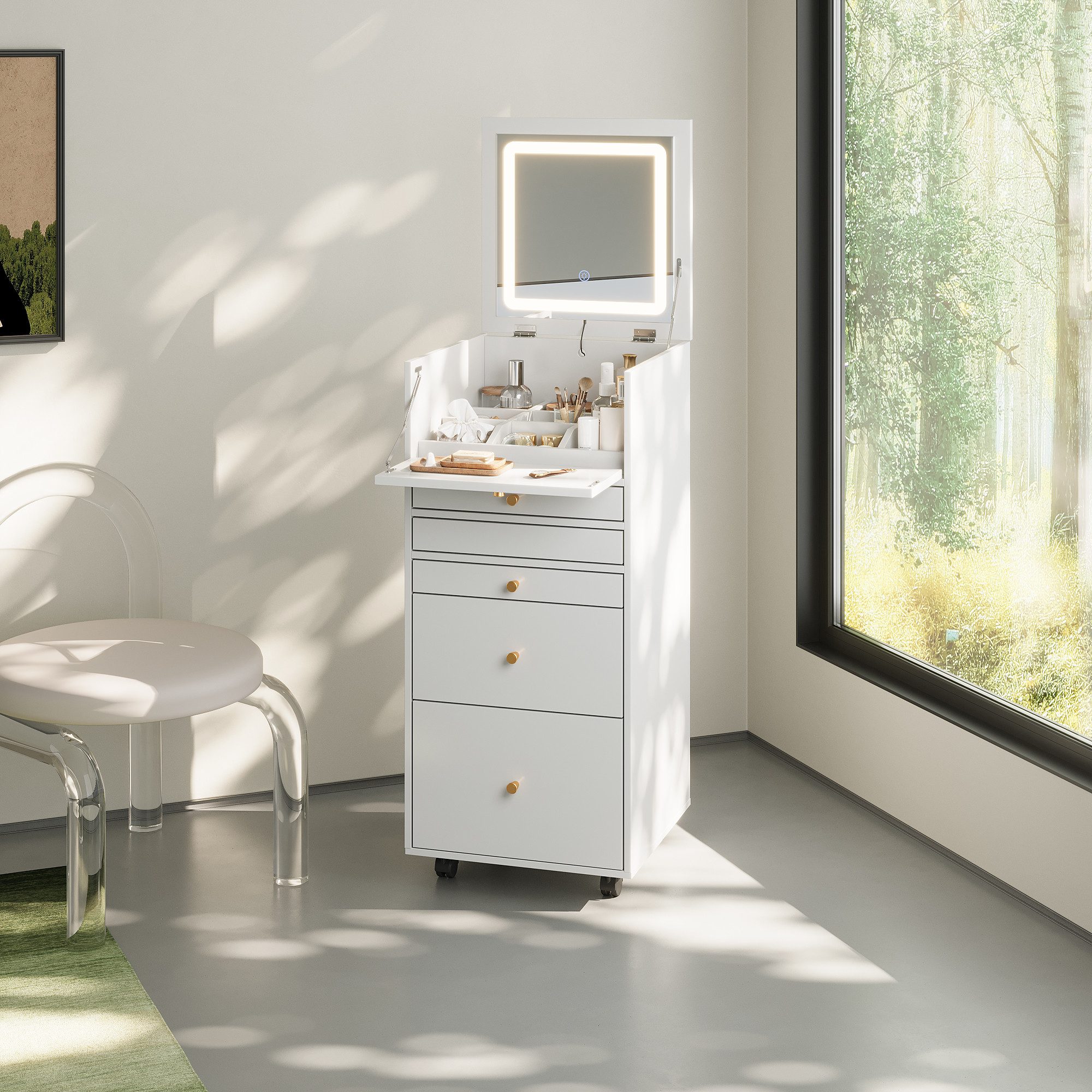 FUFU&GAGA Schminktisch Mobiler Schminktisch mit LED-Spiegel, Weiß, MDF+Kief günstig online kaufen
