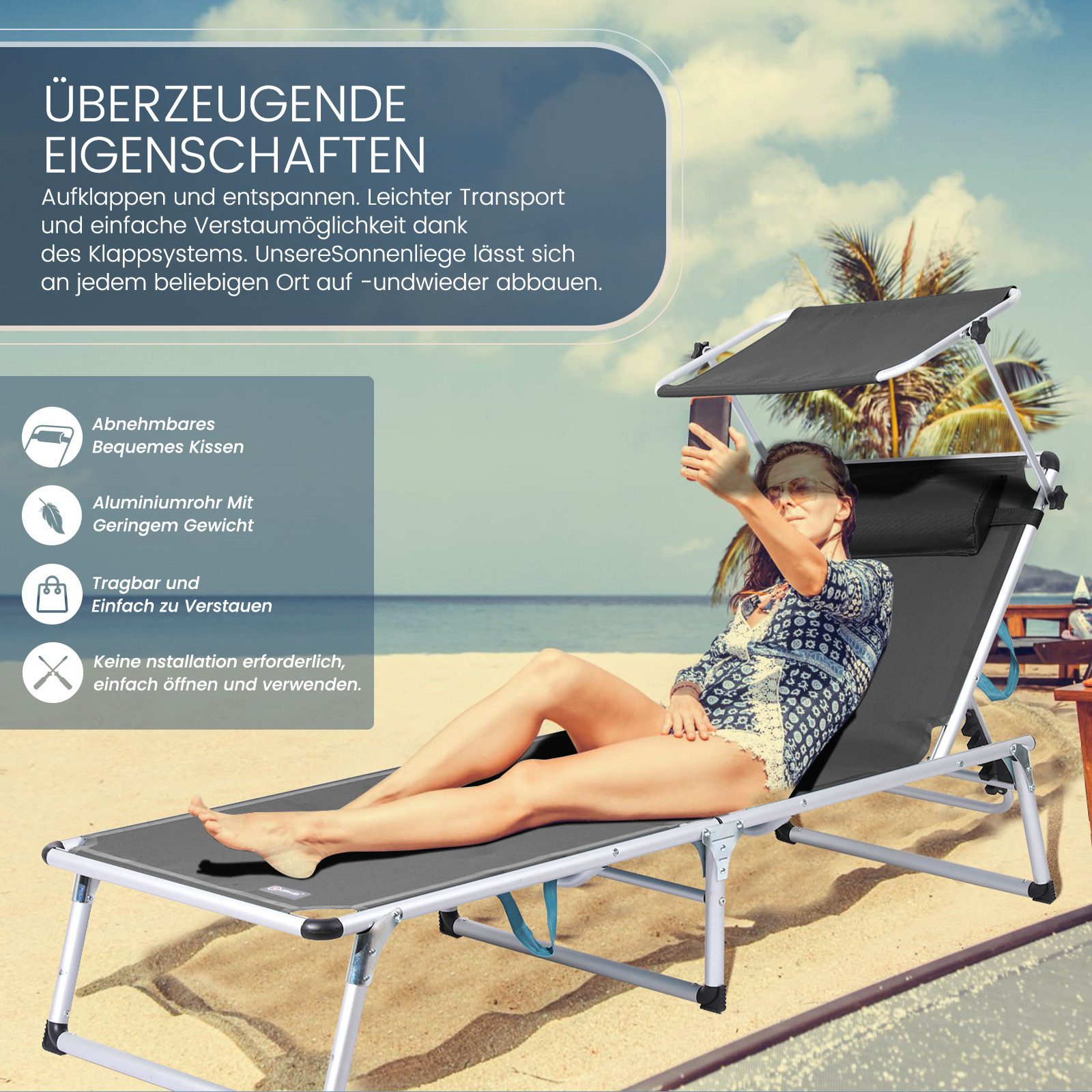 HOMECALL Gartenliege Leicht Sonnenliege Klappbar Alu Liegestuhl Strandliege, 1-tlg, 5 fach Verstellbare Rückenlehne, Sonnenschutzdach, bis 136KG