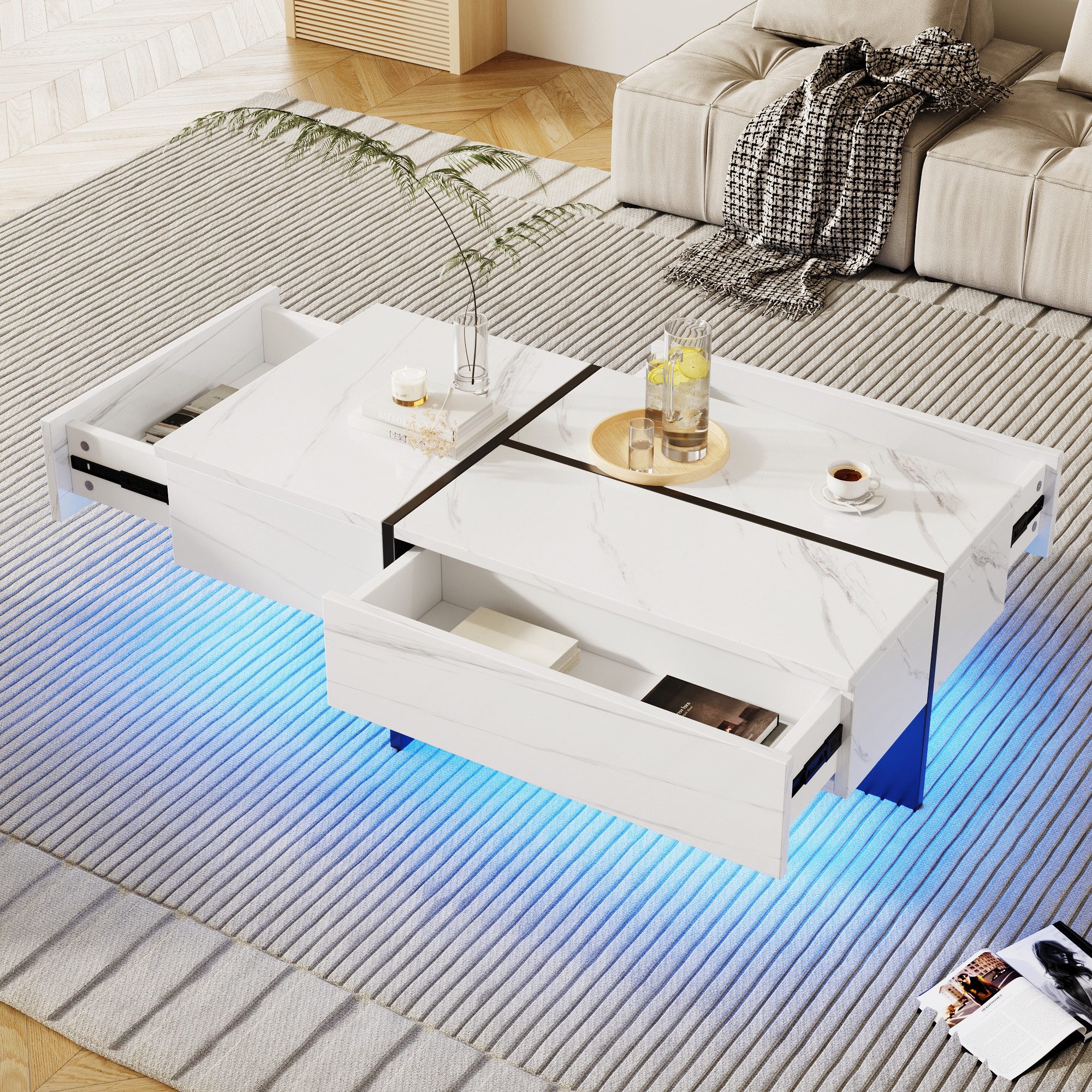 Furnishings Home Couchtisch Beistelltisch LED Ablagetisch Breite 100 cm (Hochglänzender quadratischer, 100x50x34.5 cm), Mit 2 Schubladen und 16-farbigen variablen LED-Leuchten