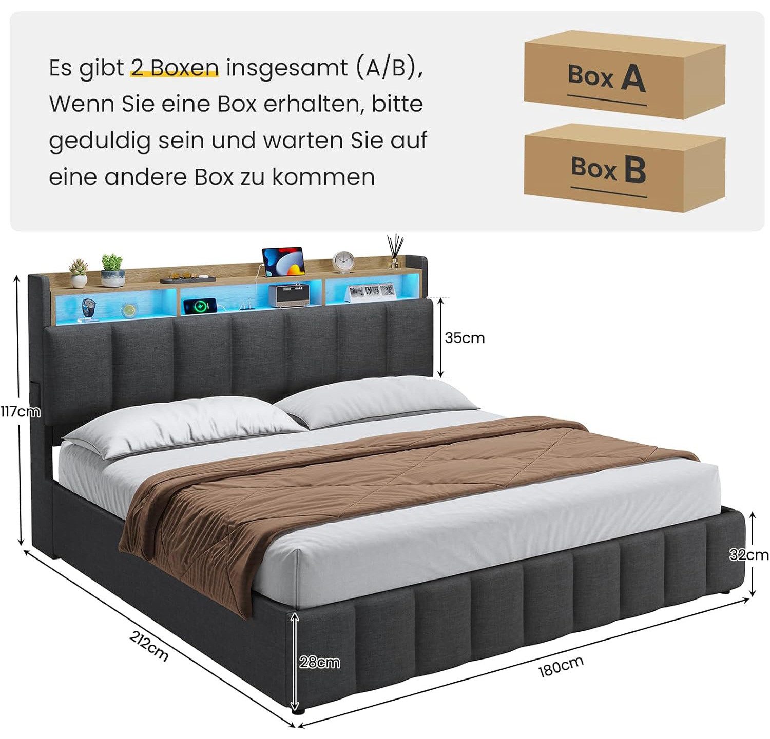 KIMENICH Polsterbett mit LED Beleuchtung und Ladefunktion (1-tlg., Ohne Matratze), Jugendbett Hydraulisches Stauraumbett, 180x200 cm