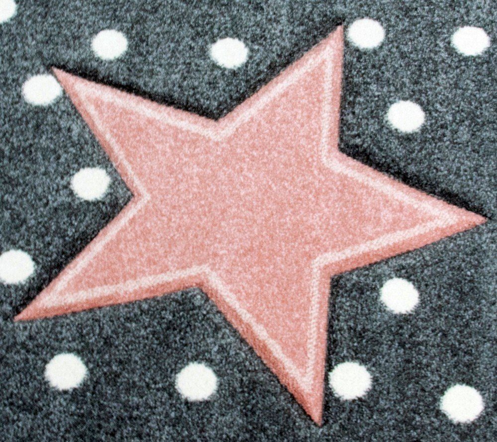 Carpetia Kinderteppich Kinderteppich Babyteppich rund Mädchen mit Stern rosa creme grau, rund, Höhe: 13 mm