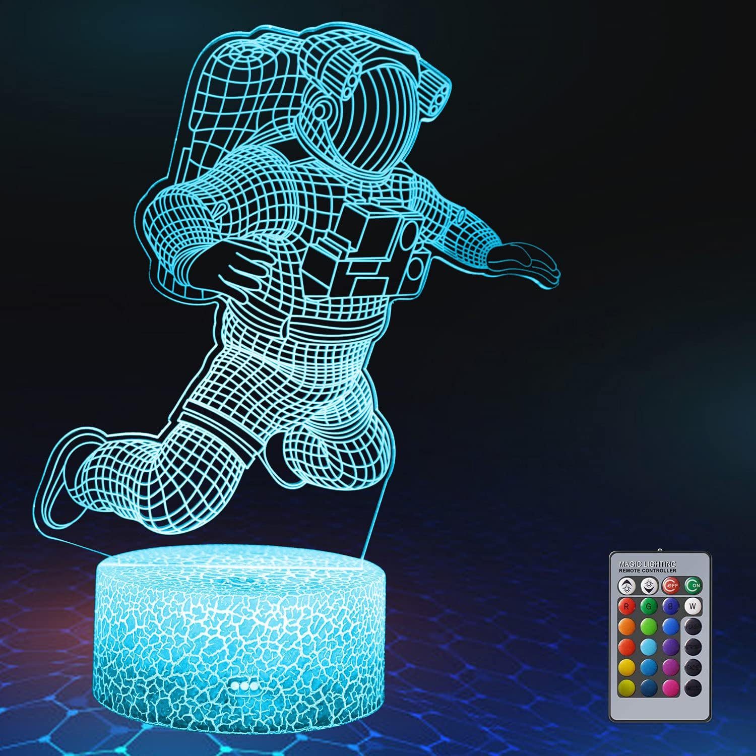 Dreamy Cubby Nachtlicht 3D Astronauten-Nachtlicht mit Fernbedienung und 16 Farben., LED, energiesparend, langlebig mit bis zu 100.000 Stunden Lebensdauer., Bunt, 3D-Illusionslampe mit 16 Farben und Fernbedienung.