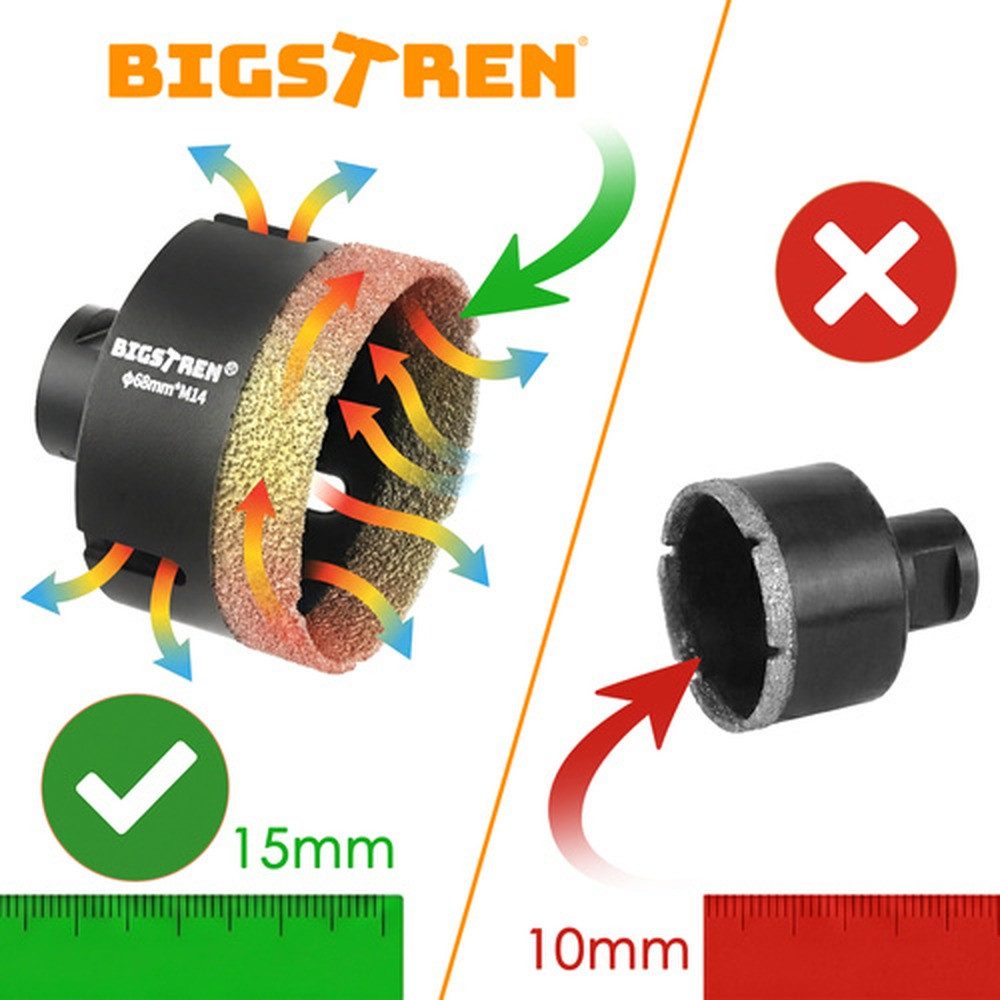 BIGSTREN Lochsäge Diamant-Lochbohrer M14-Zahnkränze 6-68 mm, Ø 68 mm, Spar-Set, 11-tlg., 11.000 U/min, Kompatibilität mit Winkelschleifern und klassischen Bohrmaschinen