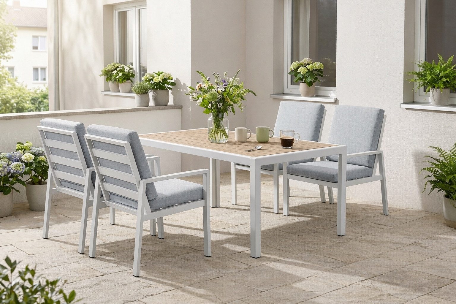 MeXo Gartenlounge-Set Gartenmöbel Set aus Aluminium mit Esstisch, (wetterfest, hoher Sitzkomfort, 5-tlg., bis 140 kg belastbar), mit pflegeleichte Polywood-Tischplatte, geeignet für 4 Personen