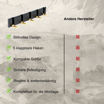 Aremigo Kleiderhaken Gardarobenhaken Gardarobenleiste mit 5 klappbaren Haken, Flur, Schlafzimmer, Wohnstube, Wand, Badezimmer, Rostfrei, Robust und Langlebig