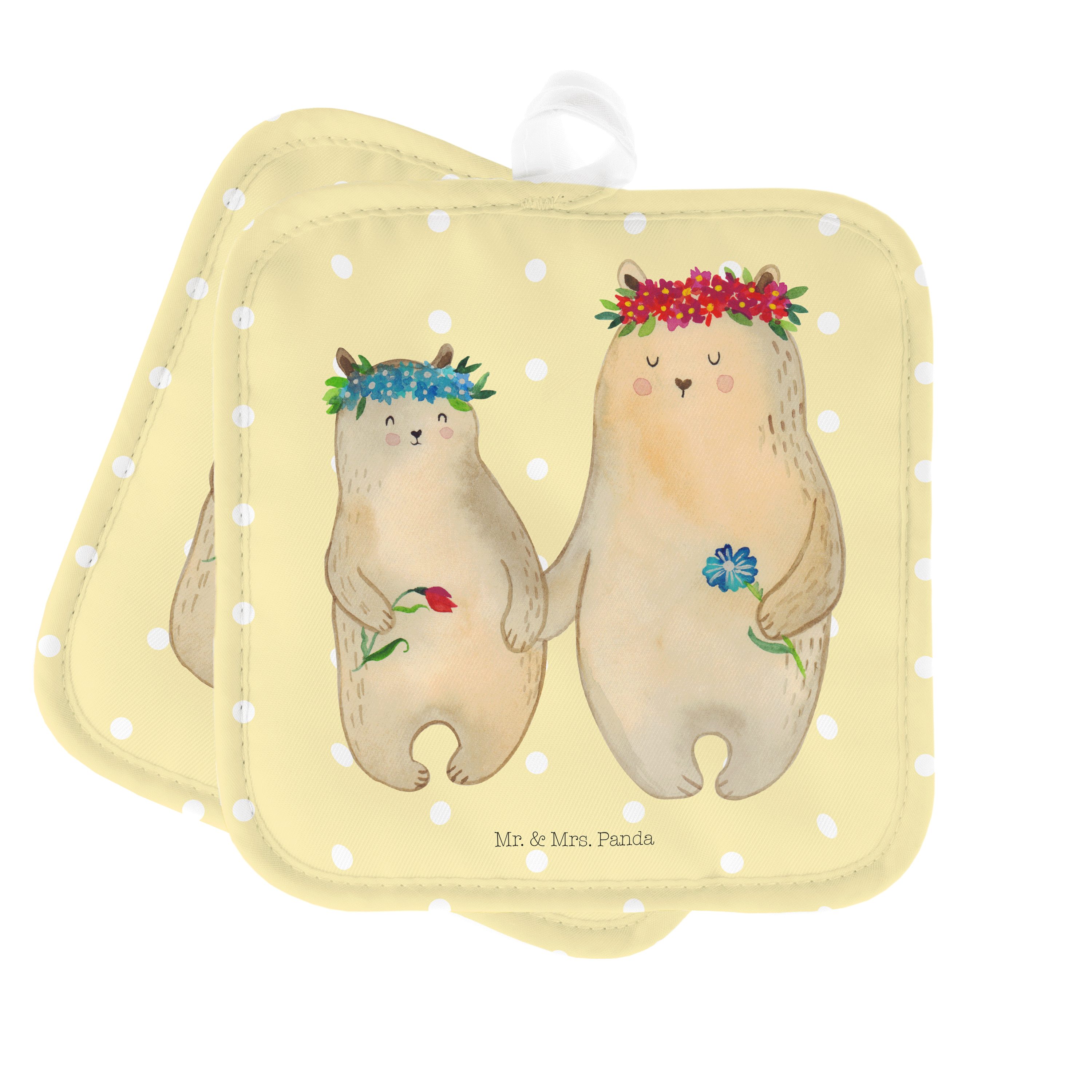 Mr. & Mrs. Panda Topflappen Bären mit Blumenkranz - Gelb Pastell - Geschenk, Oma, Freundinnen, To, (1-tlg)