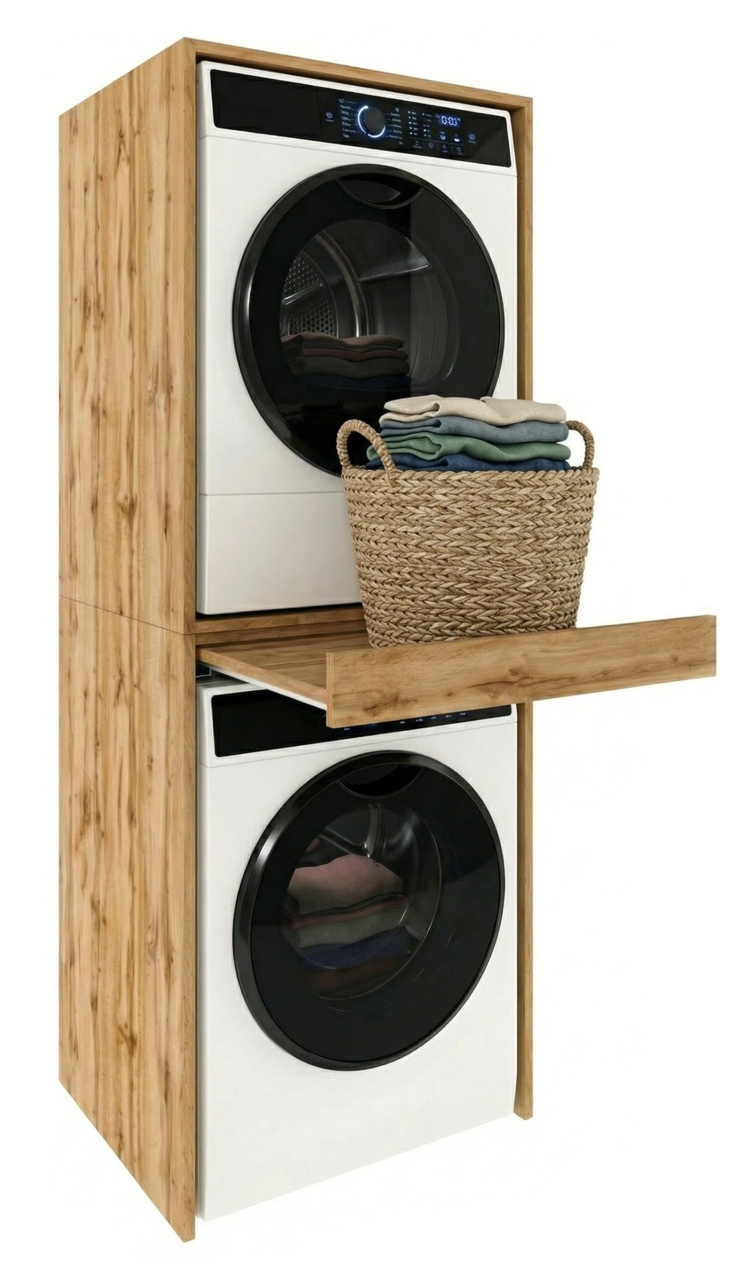 TREND WERK Waschmaschinenumbauschrank 66×64×184 cm - für Waschmaschine & Trockner übereinander (Waschraum Möbel Schrank für Waschküche mit Stauraum) Waschturm für Waschmaschine & Trockner mit Ausziehbrett & Hochschrank