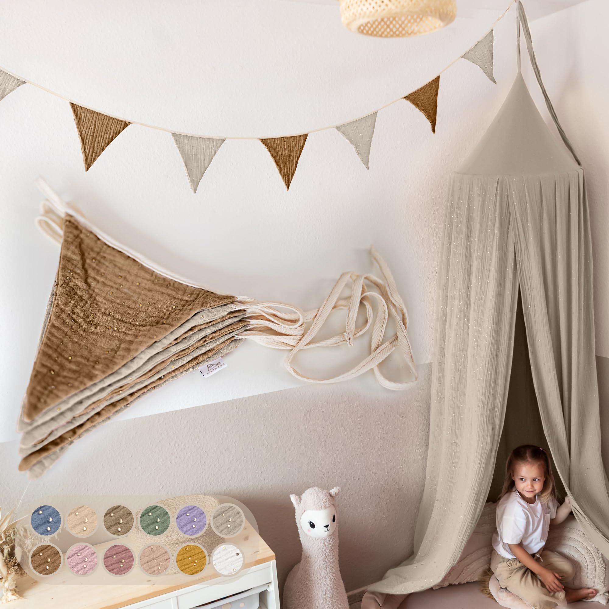 lilimaus Wimpelkette Handgemachte Wimpelkette aus Musselin Kinderzimmer Gold Applikation, Handgemachte Musselin-Wimpelkette für Kinderzimmerdeko