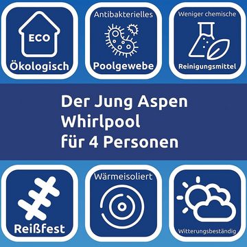 JUNG Whirlpool ASPEN aufblasbarer Whirlpool Outdoor Set, beheizt, 4 Pers., 168x168 cm, (Sprudelbad, Pool, Aufblasbar, Badewanne, Bubble Spa, Terrasse, 10-tlg., mit 2 Filterkartuschen, 4 Personen, Außenbereich, Garten, Sommer), Winterfest Komplett Set, Spa Pool, Selbstaufblasend, Bubble Wellness