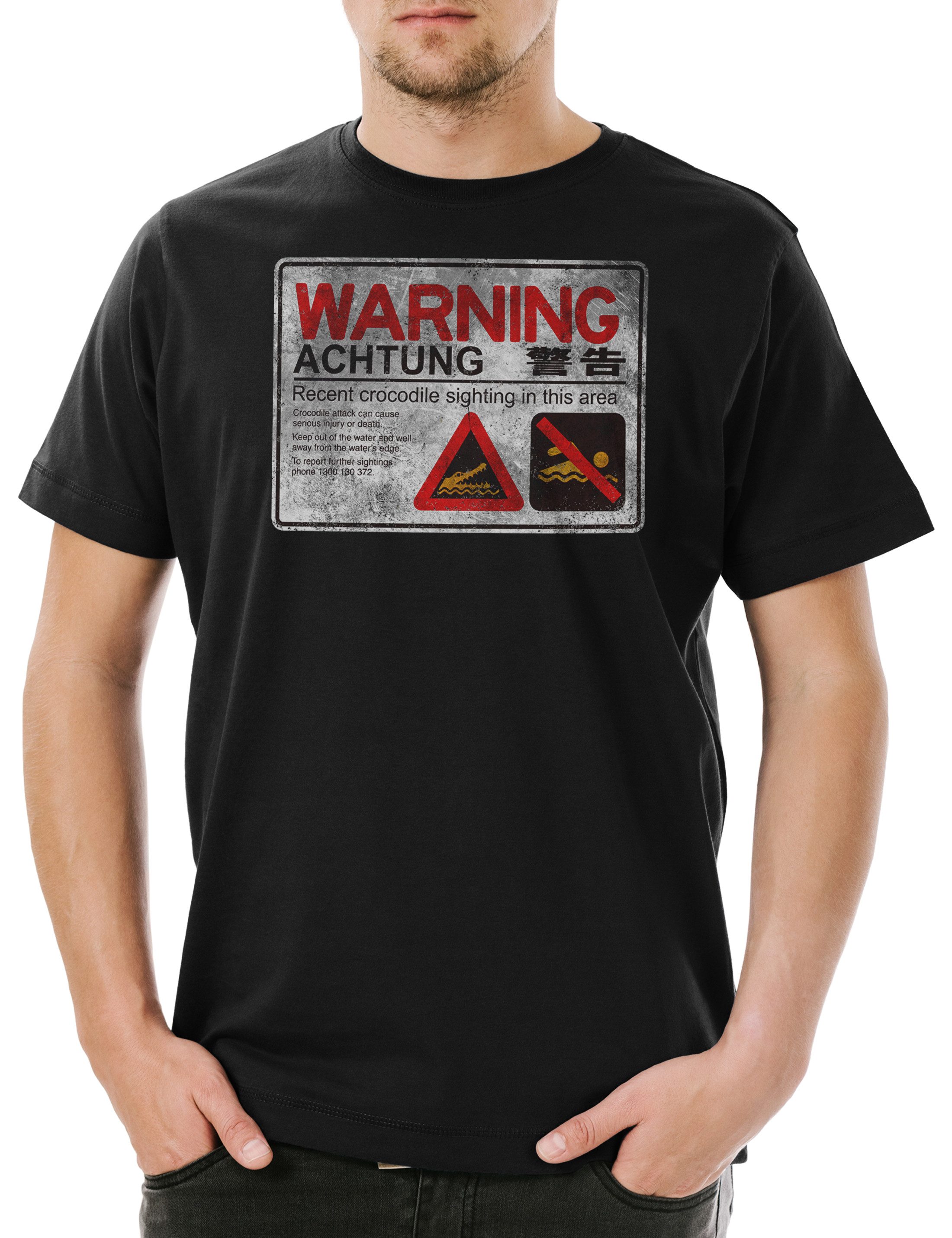 Print-Shirt Crocodile Warning Sign II Herren T-Shirt Shirt Warnung Krokodil
