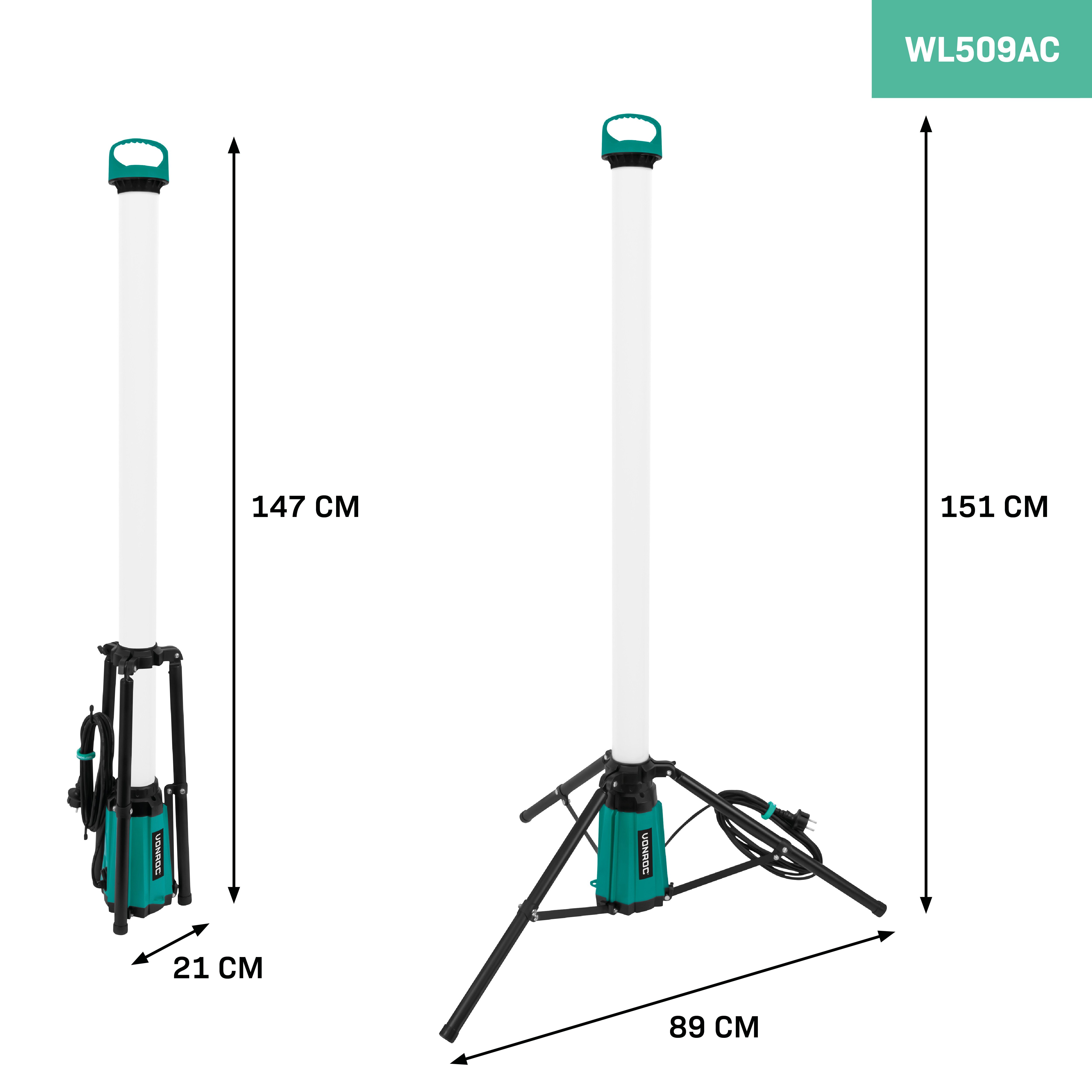 VONROC LED Baustrahler PRO Baulampe 360° – LED – 76W – mit Stativ/Stativ –, Kaltweiß, – Sehr leistungsstark: 11.500 Lumen – Höhe: 151 cm – 5 Meter Kabel – Bild 2 von 4