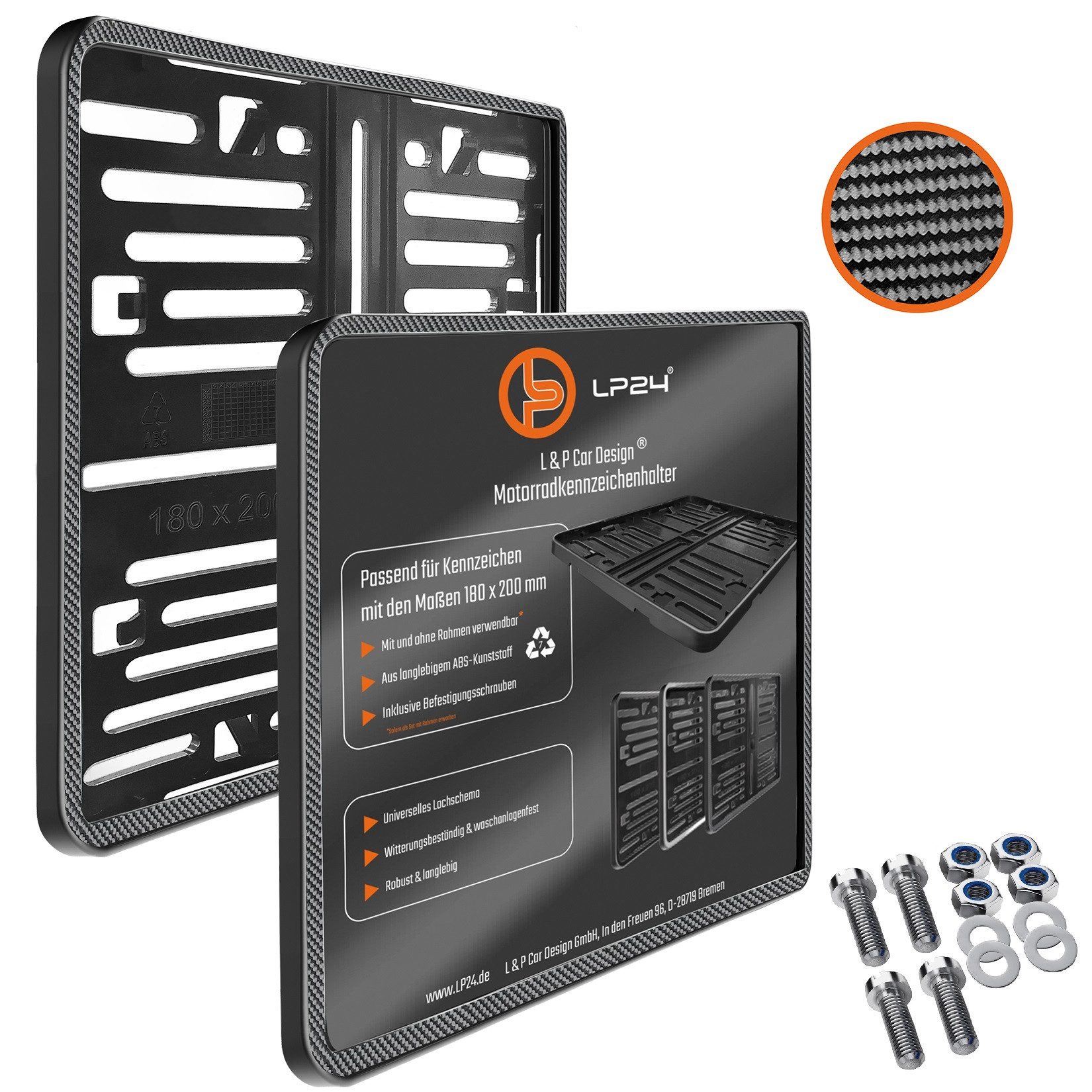 L & P Car Design Kennzeichenhalter für Motorrad 180x200 mm Carbon Optik Kennzeichenhalterung, (1 Stück)