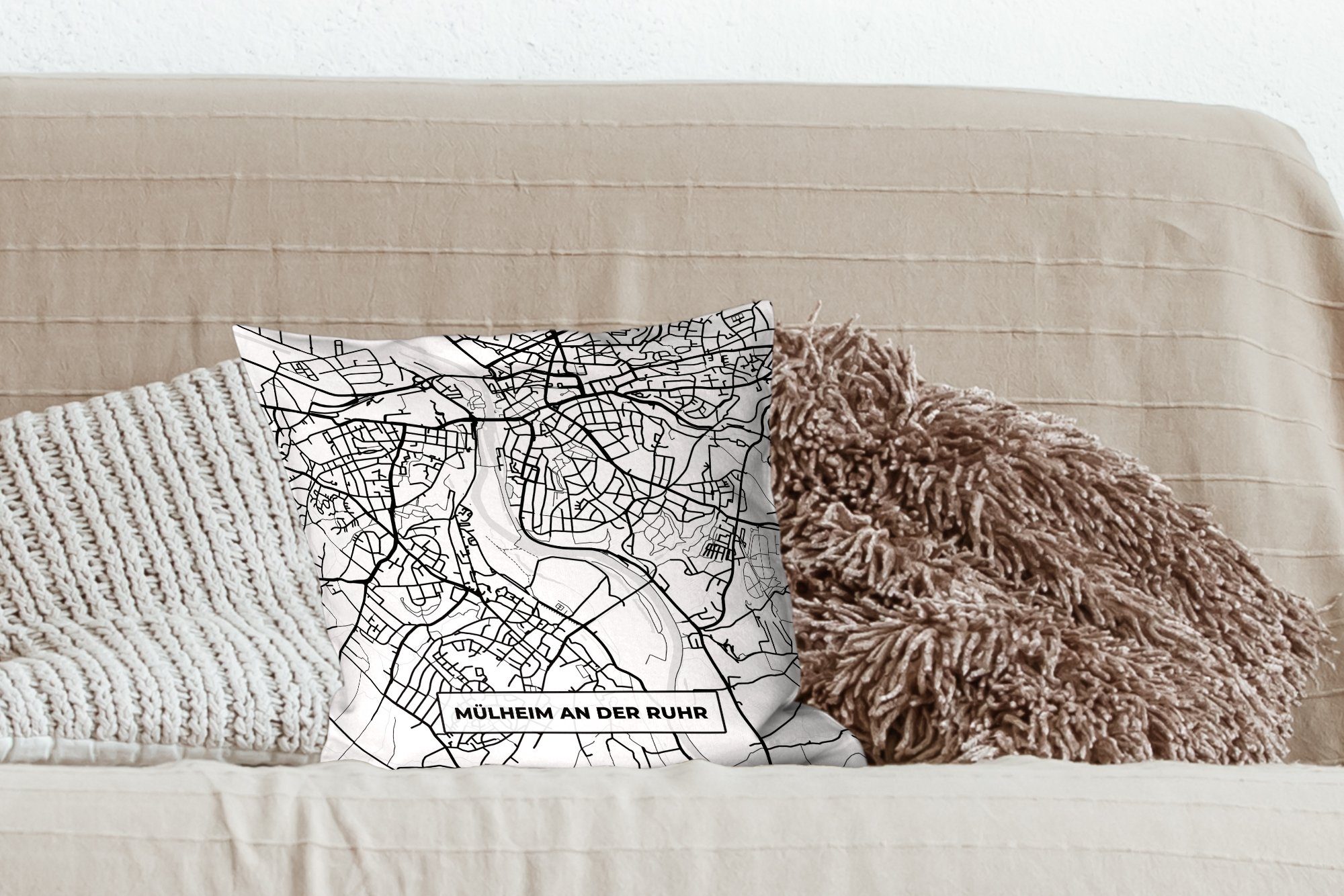 für der Deko, Wohzimmer, Ruhr mit Karte Mülheim Schlafzimmer, - - Zierkissen Sofakissen MuchoWow Dekokissen an Füllung Stadtplan,
