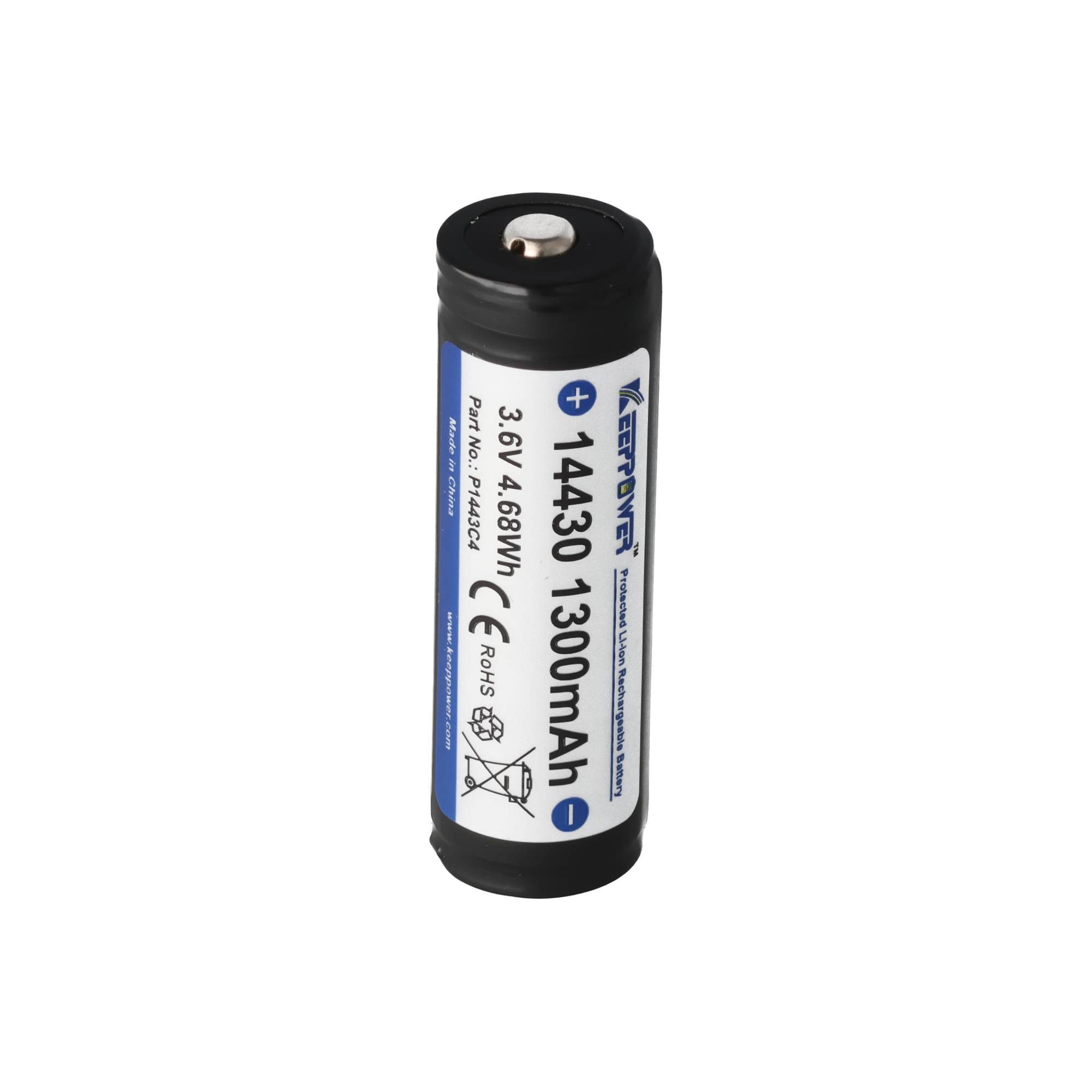 Keeppower 14430 Li-Ion Akku P1443C4, 1300mAh, 3,6 / 3,7 V, 45,7x14,35mm, PCB ge Akku 1300 mAh (3,7 V)
