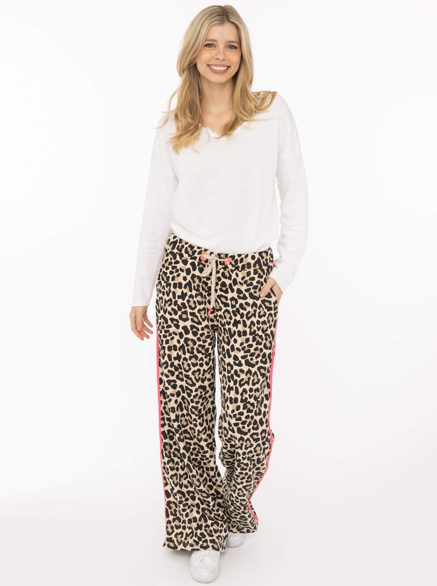 Zwillingsherz Sweathose "Leo Stripe" Leomuster, pinker Seitenstreifen, Kordelzug, Taschen, gerades Bein