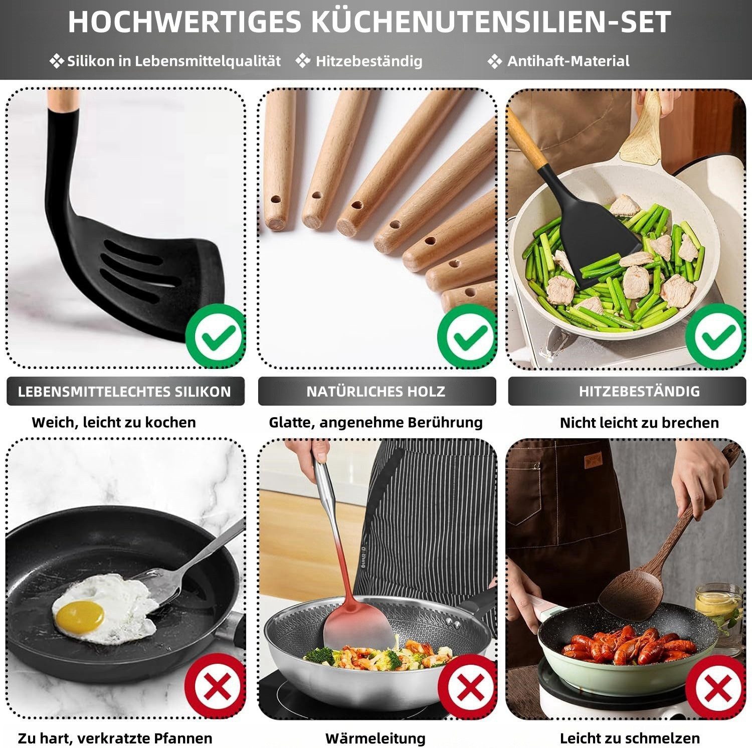 YMQHBS Kochbesteck-Set Küchenutensilien Set (43-tlg), Beste Küchenutensilien mit Halter (Set, 43-tlg., Löffel, Pfannenwender, Nudelportionierer, Pizzarädchen, R – Bild 5 von 5