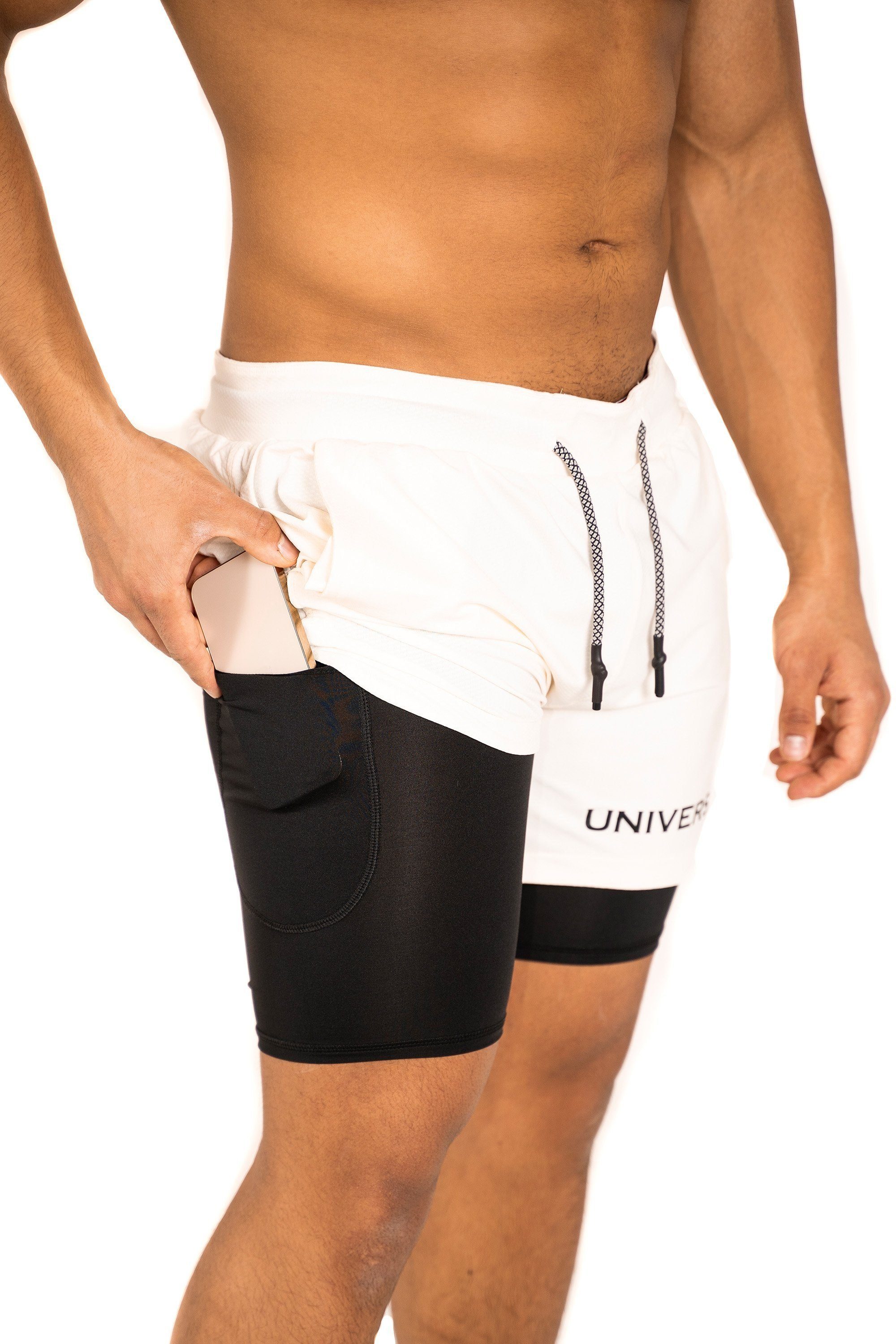 versteckter Hose mit funktioneller mit Shorts Unterziehhose Kurze Handytasche Universum Sporthose Sportwear weiß