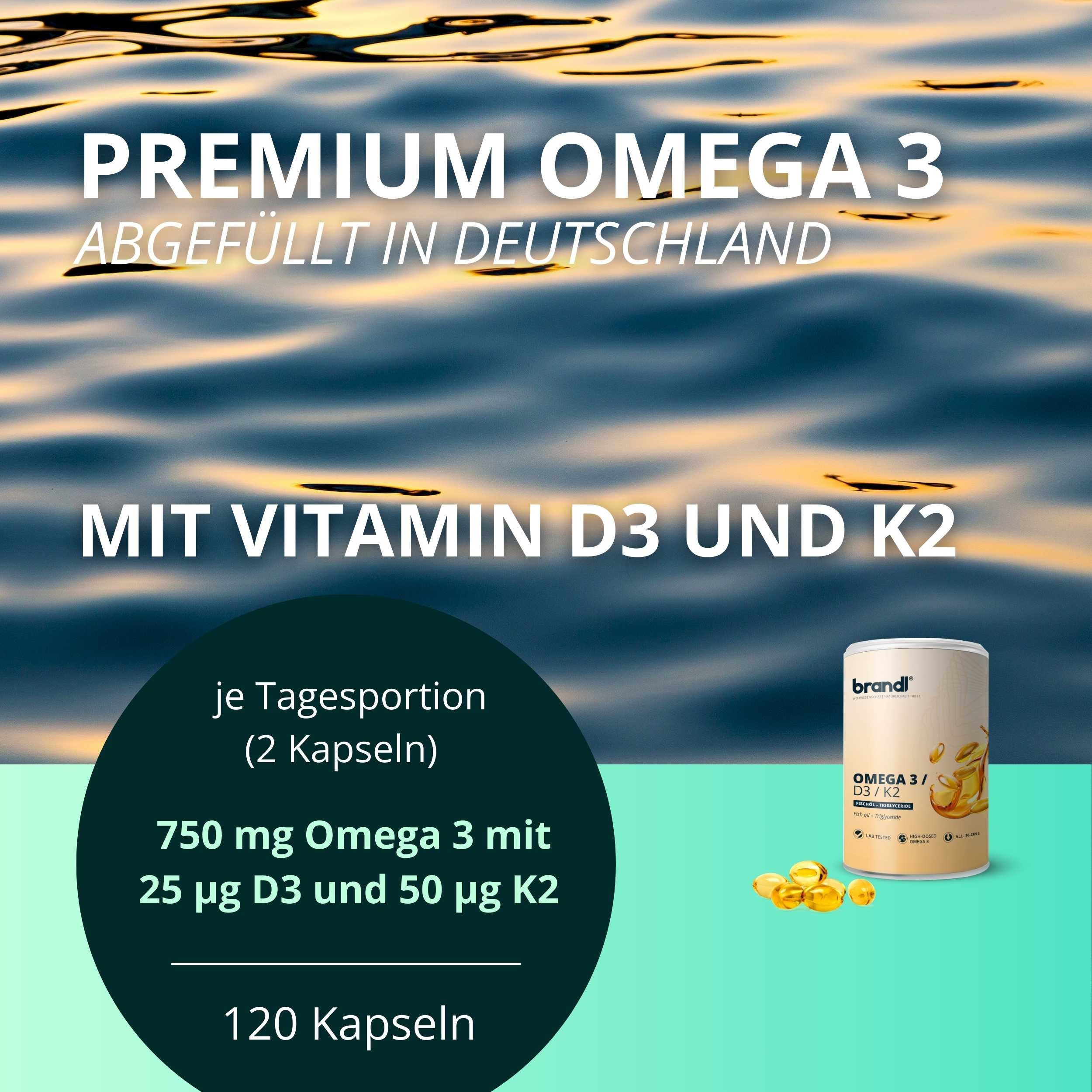 Brandl Nutrition Omega D3 K2 Kapsel hochdosiert, Premium Omega 3 mit Fischöl aus der EU Kapseln, Vitamin D3 aus Flechten, gute Kapselgröße, unabhängig laborgeprüft