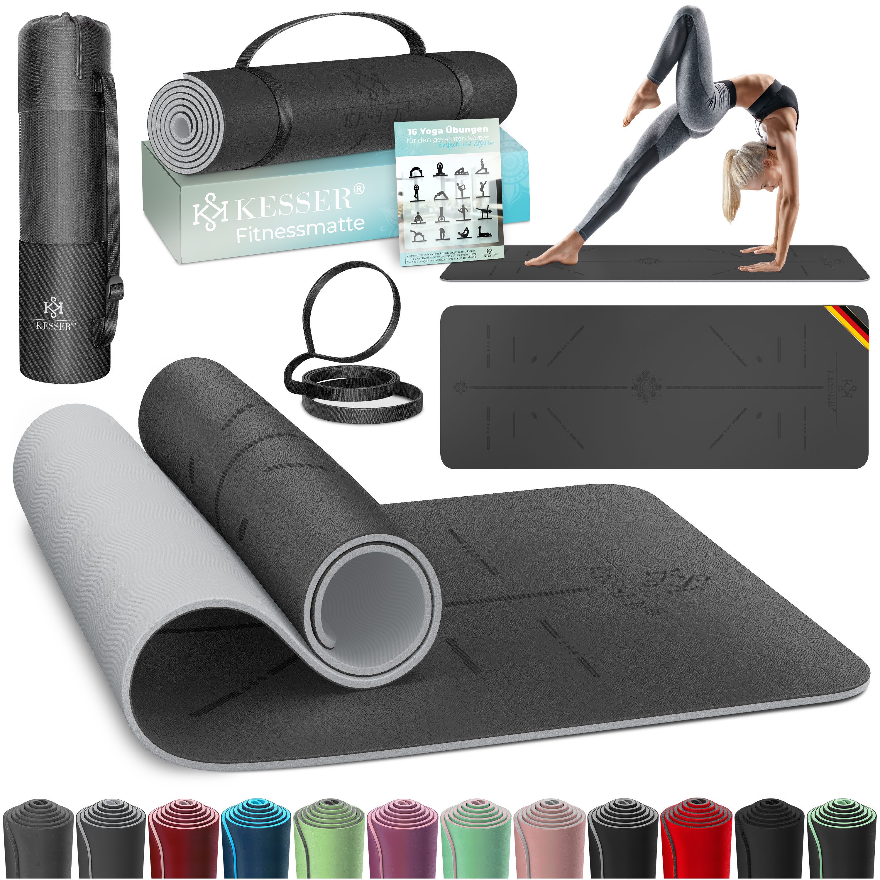 KESSER Yogamatte, Gymnastikmatte + Tragegurt rutschfest TPE Yogamatte gepolstert
