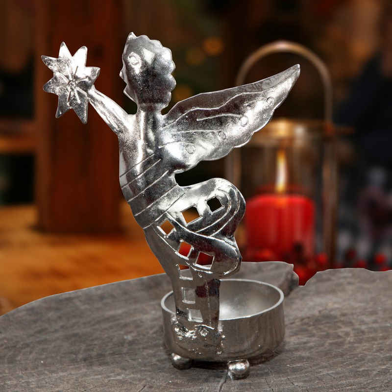Antikas Kerzenhalter Teelichthalter Engel, Metall silber lackiert, Weihnachtsdeko