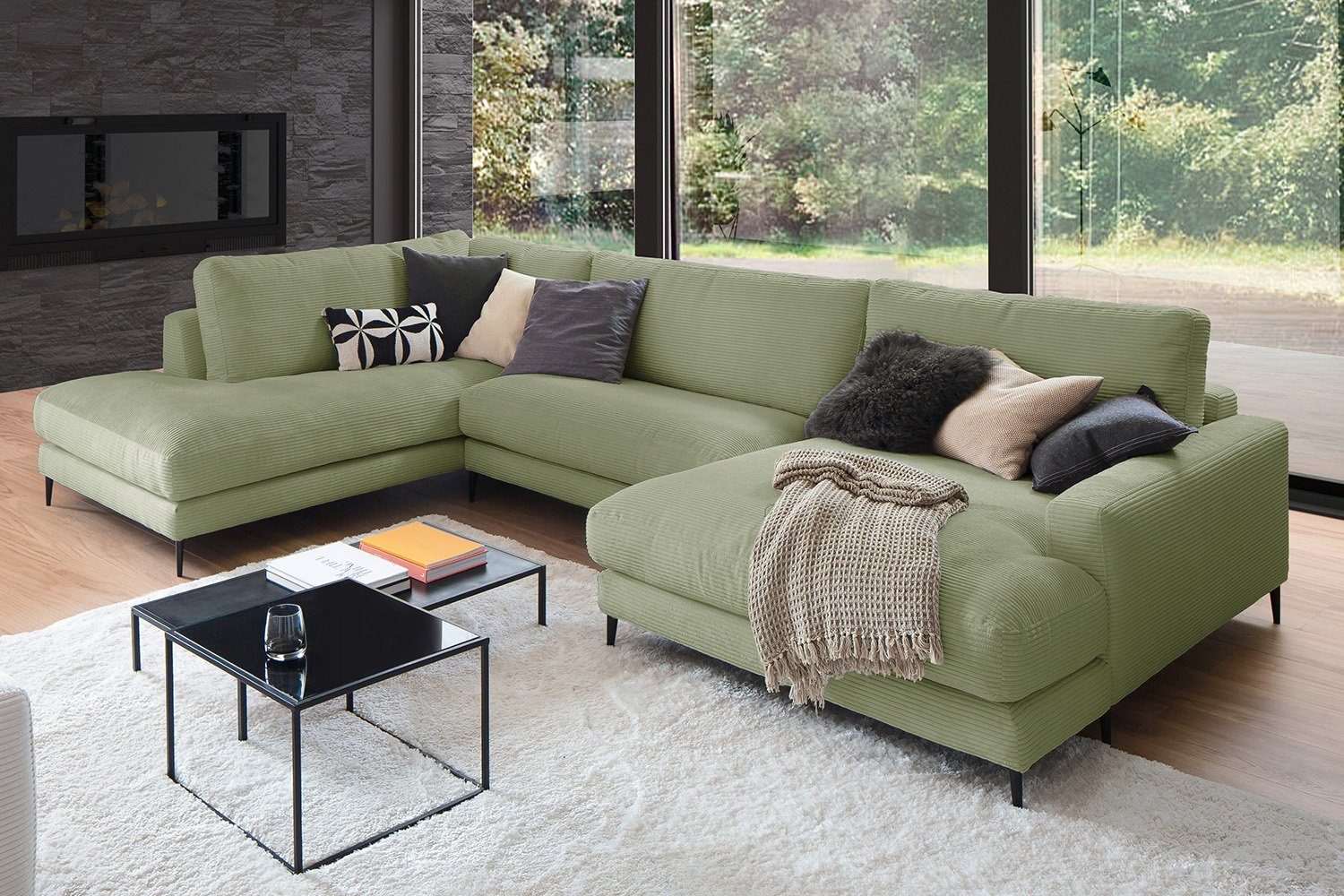 KAWOLA Wohnlandschaft CARA, Sofa rechts versch. U-Form od. olivgrün Cord, Longchair Farben links