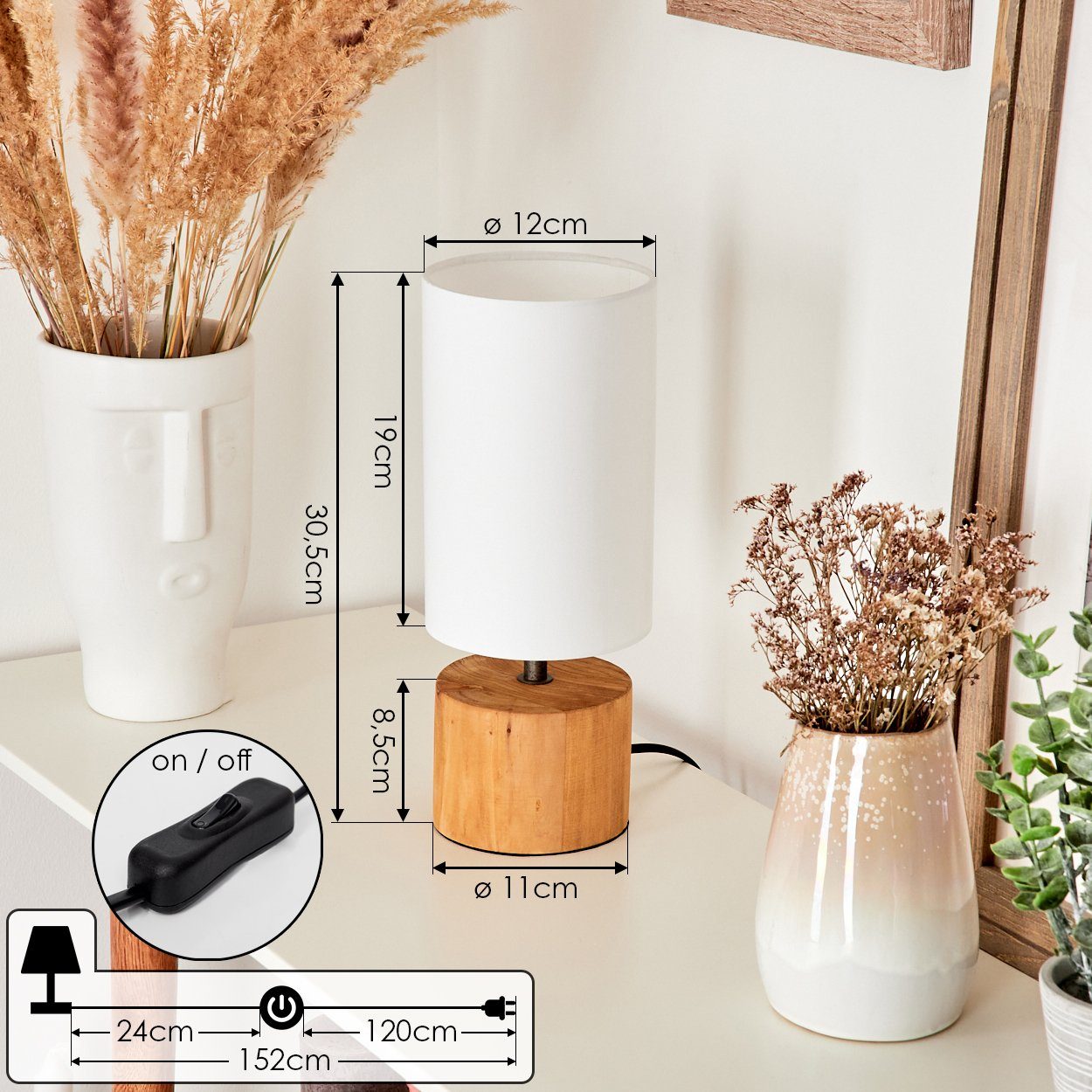 E14, Nachttischlampe Tischleuchte ohne aus hofstein »Coletta« An-/Ausschalter Natur/Weiß, Holz/Stoff m. Leucht Leuchtmittel, in Tischlampe, Ø12cm,