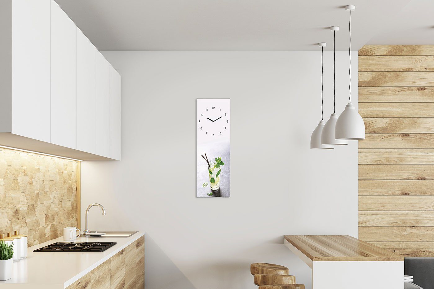 Levandeo® Wanduhr (Wanduhr Glas 20x60cm Cocktail Limette Glasuhr Uhr Glasbi günstig online kaufen