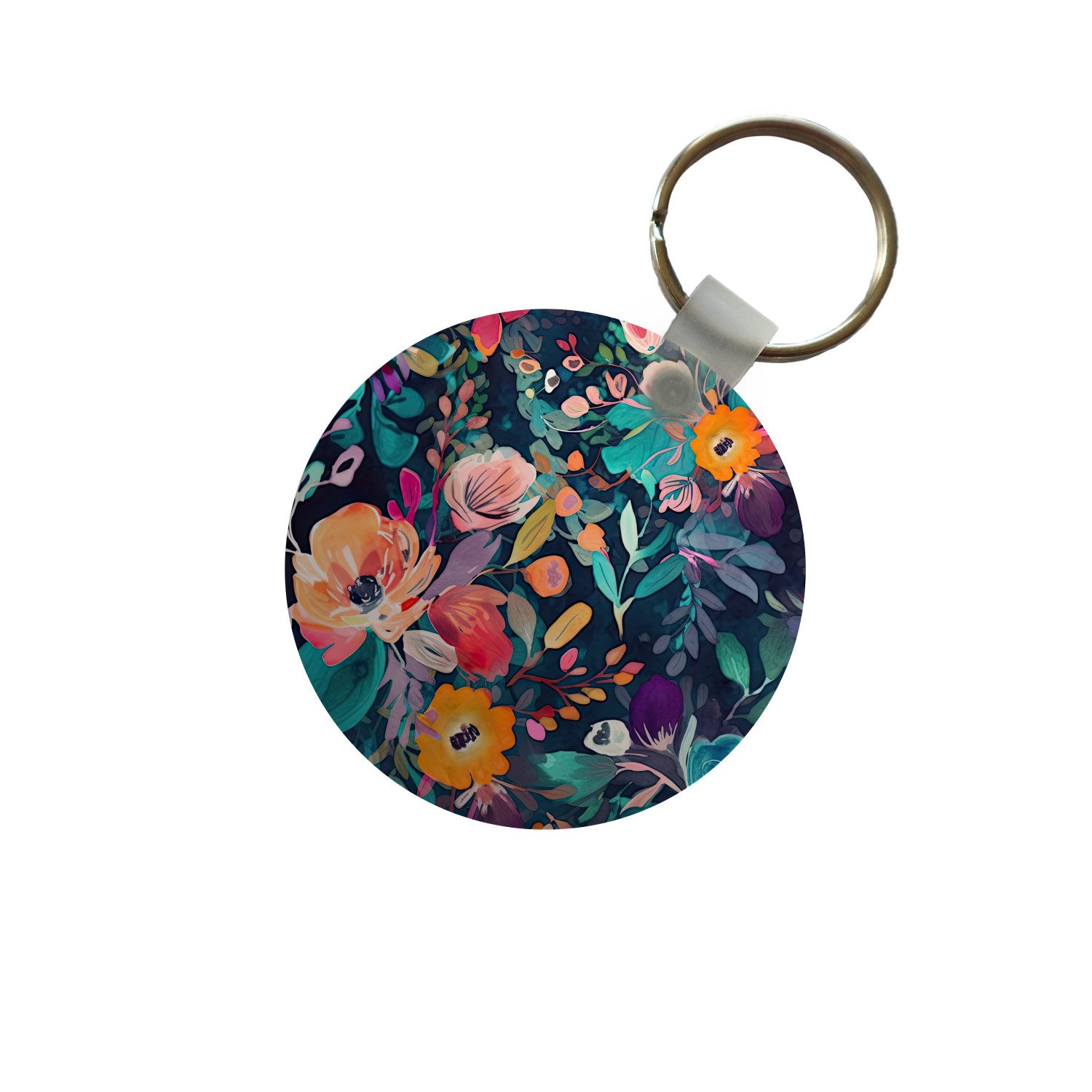 MuchoWow Schlüsselanhänger Bunt - Blumen - Kunst - Natur - Hippie, Rund, Geschenk für Damen / Herren / Kinder mit Schlüsselring, 5x5 cm