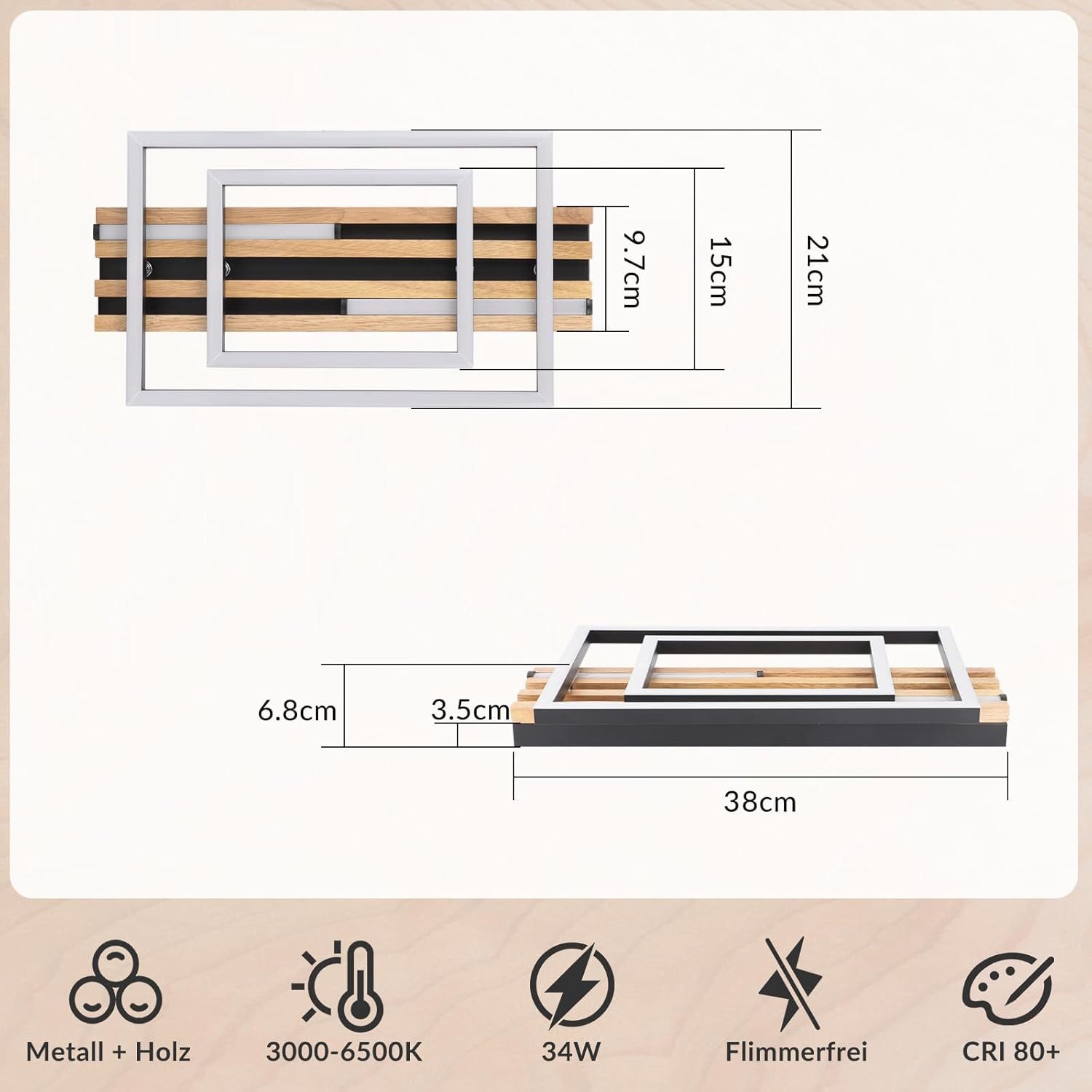 Nettlife LED Deckenleuchte Dimmbar Holz 3 Ringe 46W Modern Deckenlampe 70cm Wohnzimmer, LED fest integriert, 1/2/3/4 Ringe für Schlafzimmer Büro Küche