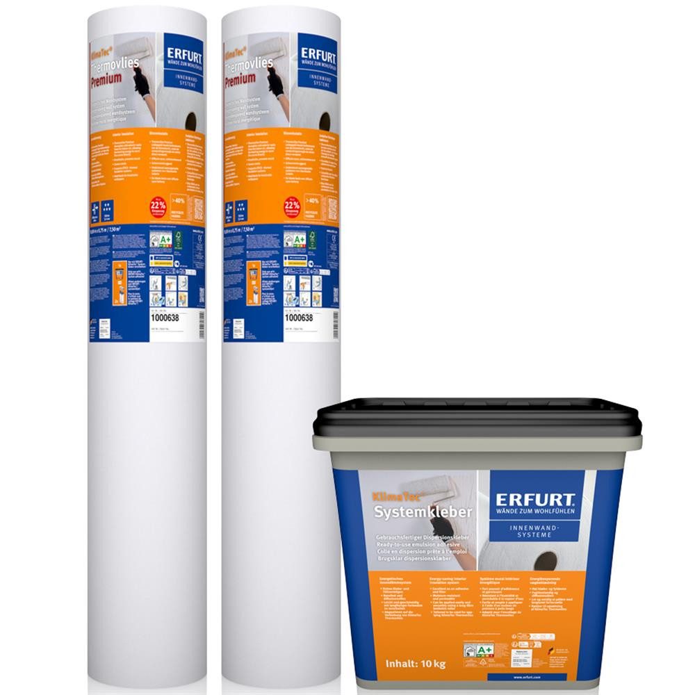 ERFURT Vliestapete KlimaTec Thermovlies Premium Dämmtapete + Kleber Systemkleber Dämmung, (Set, 2 Rollen KlimaTec Thermovlies Premium (10x0,75m) + 1 x Systemkleber), Wärmedämmung Wand und Decke