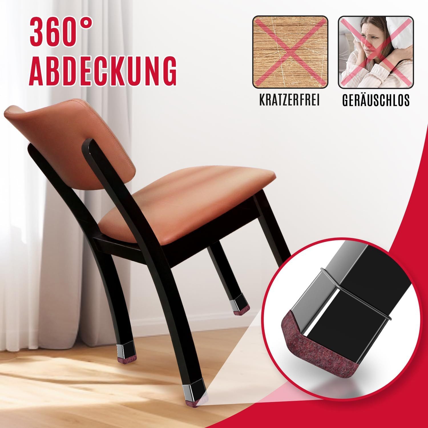 TUWENA Tischbein 24 Stück Stuhlbeinkappen Eckig, Silikon für Stuhlbeine Mit Filz, Filzgleiter, für Stuhlbeine Schräge, Verschleißfeste Stuhlbeinschoner – Bild 3 von 5