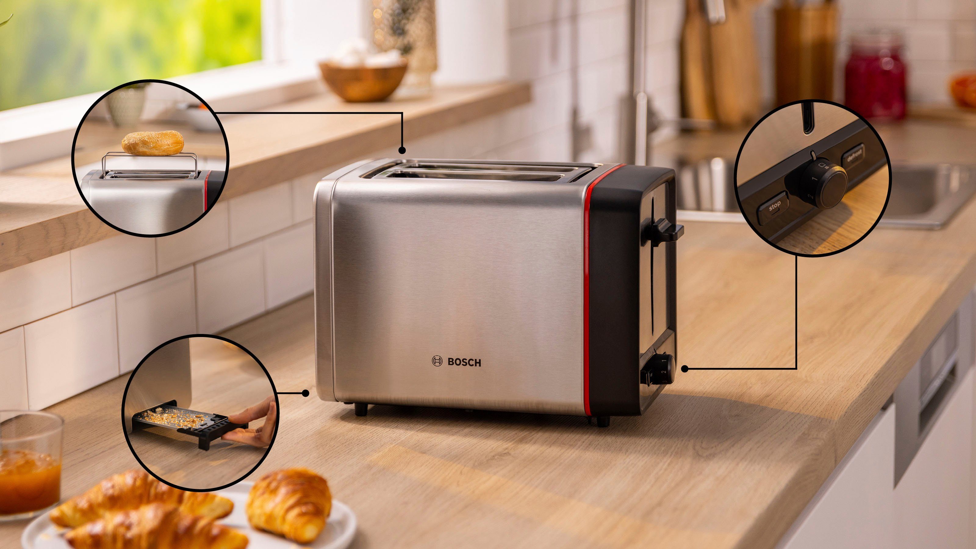 BOSCH Toaster MyMoment TAT6M420, 2 Schlitze, für 2 Scheiben, 970 W, integr. Brötchenaufsatz, Auftau-/Aufwärmfunktion, Brotzentrierung