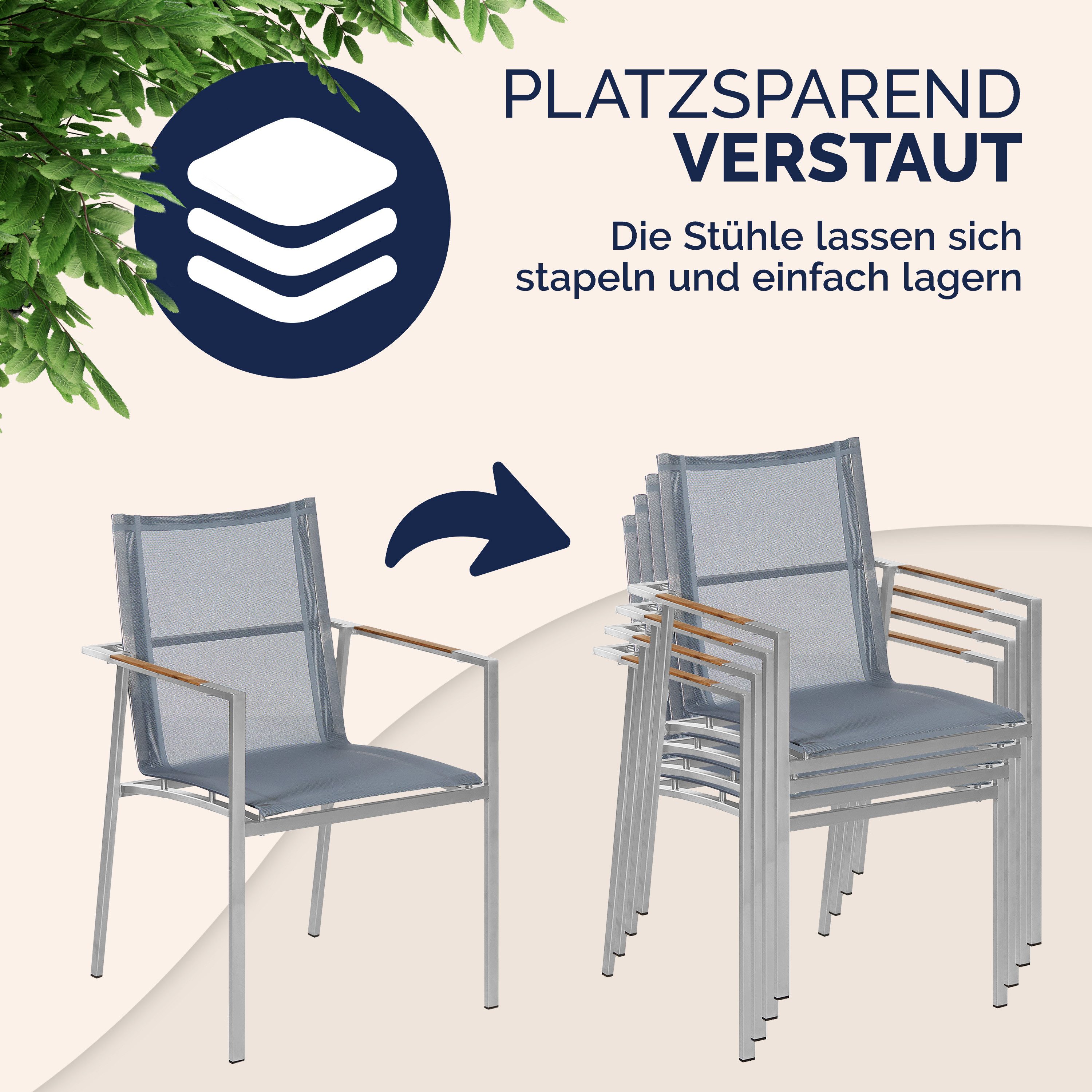 Casaria Gartenstuhl Monza (4 St), Stapelbar 4er Set Gartensessel Teak Holz Edelstahl Metall Wetterfest