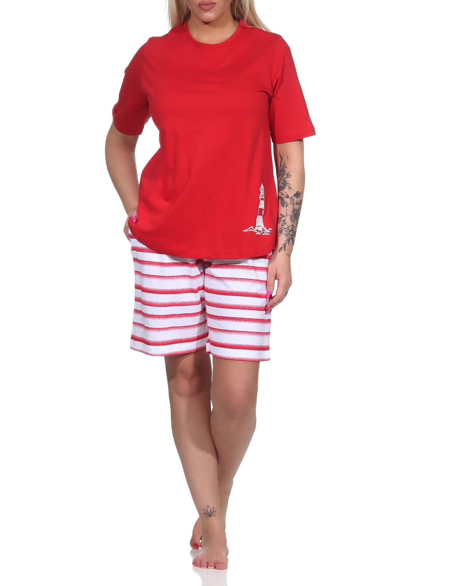 Normann Pyjama Maritimer Damen kurzarm Shorty Schlafanzug, Top mit Leuchturm Motiv