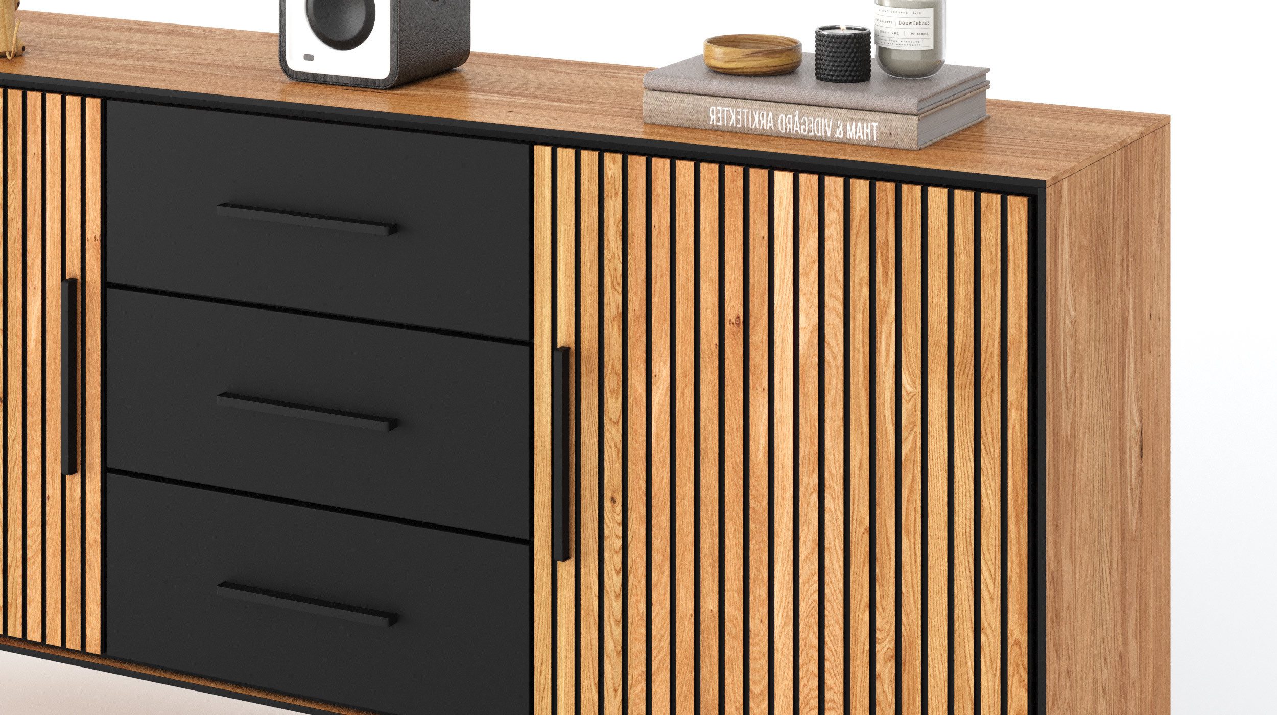 Massivart® Sideboard BELLA 163 cm / Massivholz Eiche geölt / Metallgriffe schwarz, 2 Türen / 3 Schubladen / 2 Einlegeböden / Soft-Close-Funktion – Bild 3 von 4